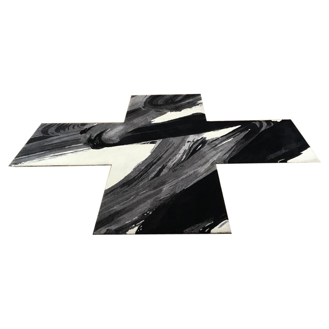 Contemporary Black, White and Grey Irregular X Shaped Wool Rug by Henzel Studio