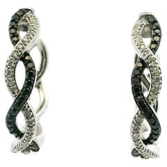 Contemporary Black & White Diamond 14k White Gold Twisted Hoop Earrings