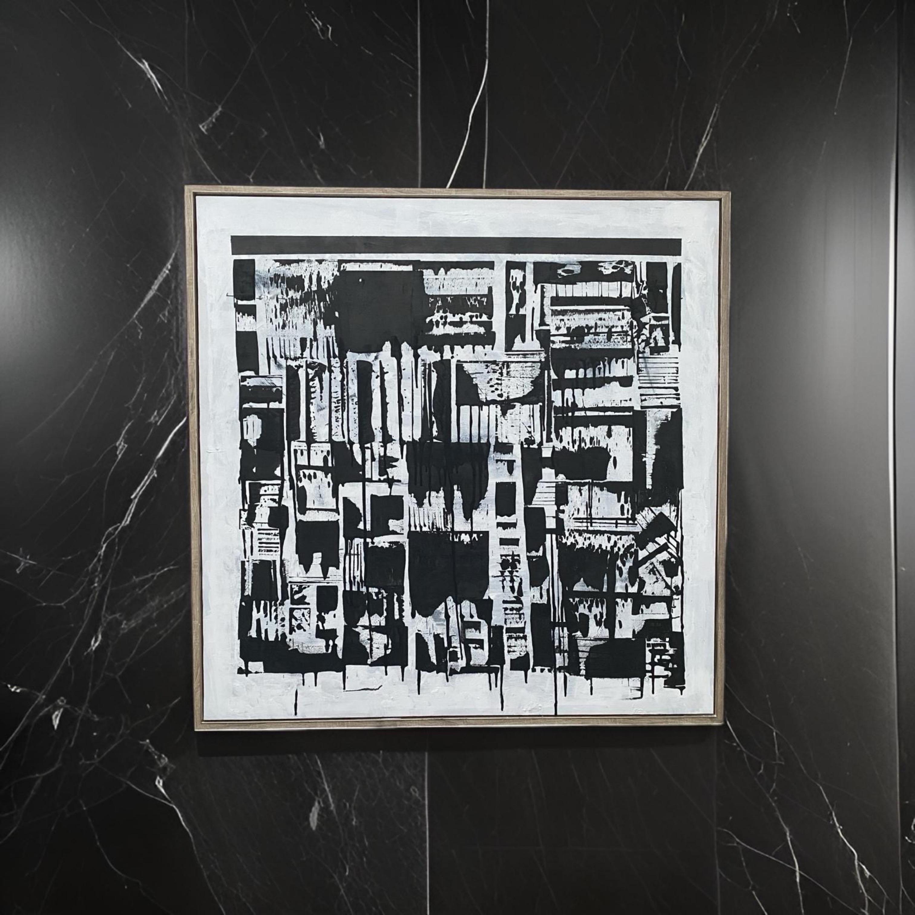 This is a large contemporary black and white geometric abstract by George Teixeira Machado. Inspired by the Beverly Hills movie mogul homes in the 50s and sixties, it has a vintage late 1950s style to this work. He visited many of those homes of