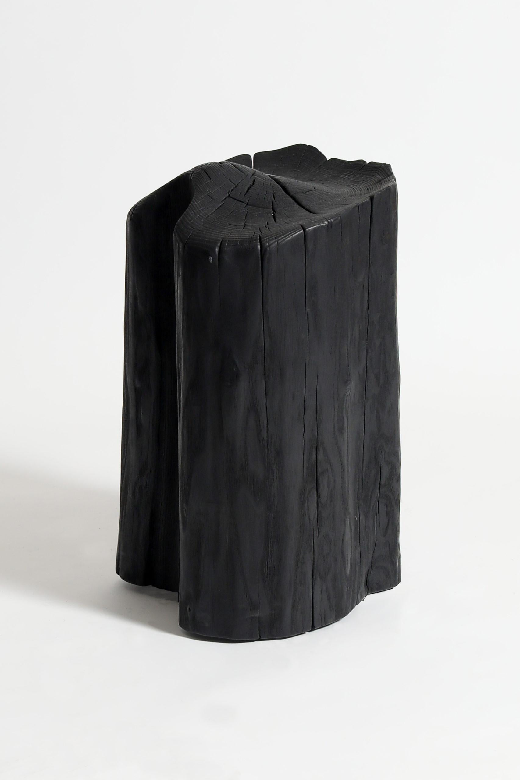 Contemporary Modern Black Wooden Stool, Burned Chunk by Jesse Sanderson for Wdstck For Sale