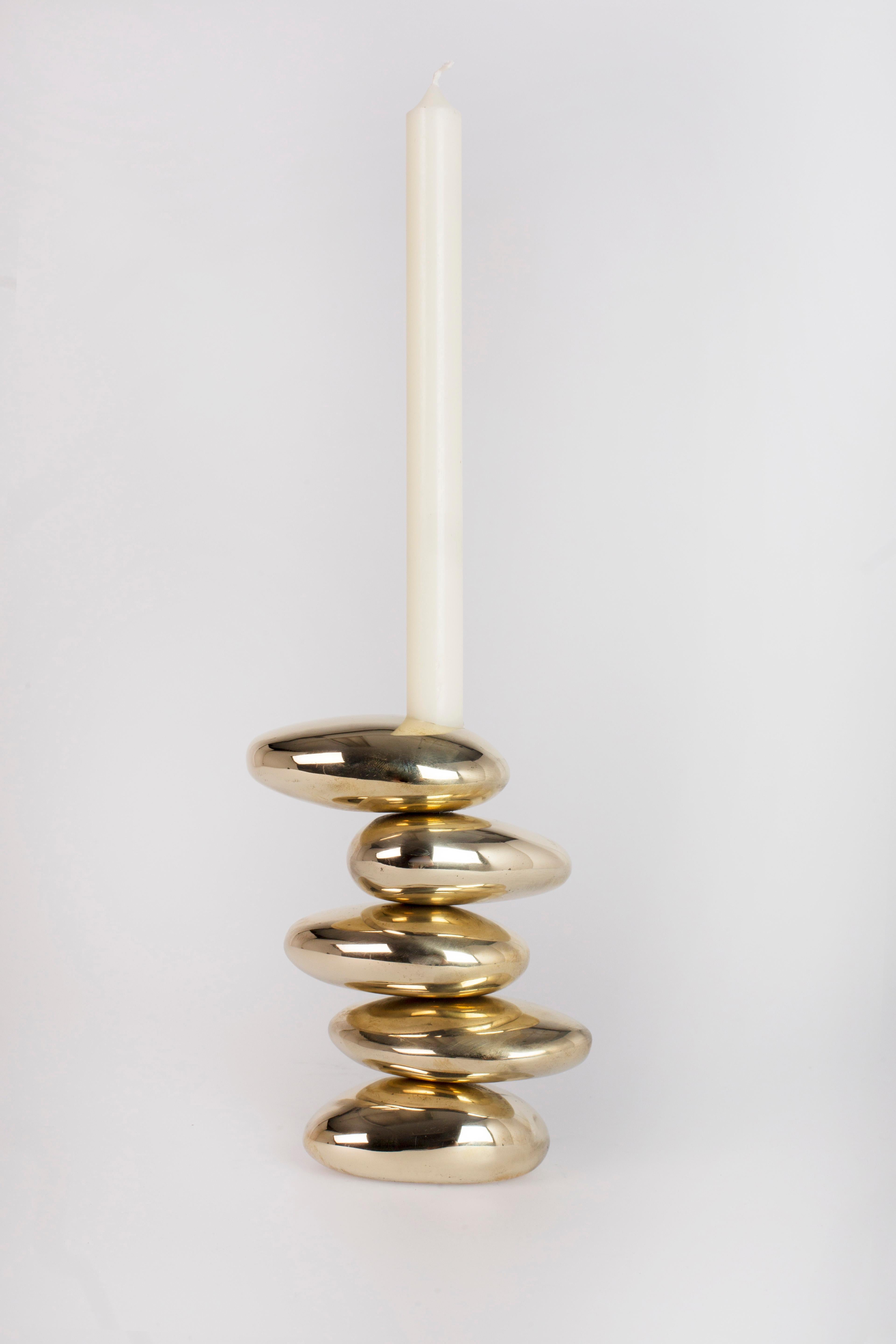 American Contemporary Blackened and Polished Brass 5 Stack 'Stone' Candleholder by Konekt