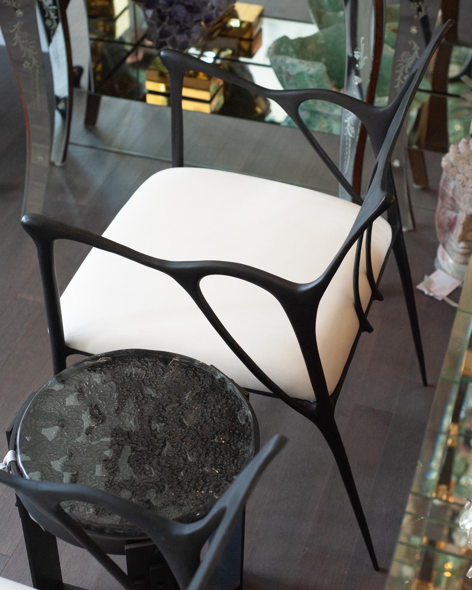 Contemporary Blackened Cast Brass Sculptural Armchair with Calico Seat For Sale 4