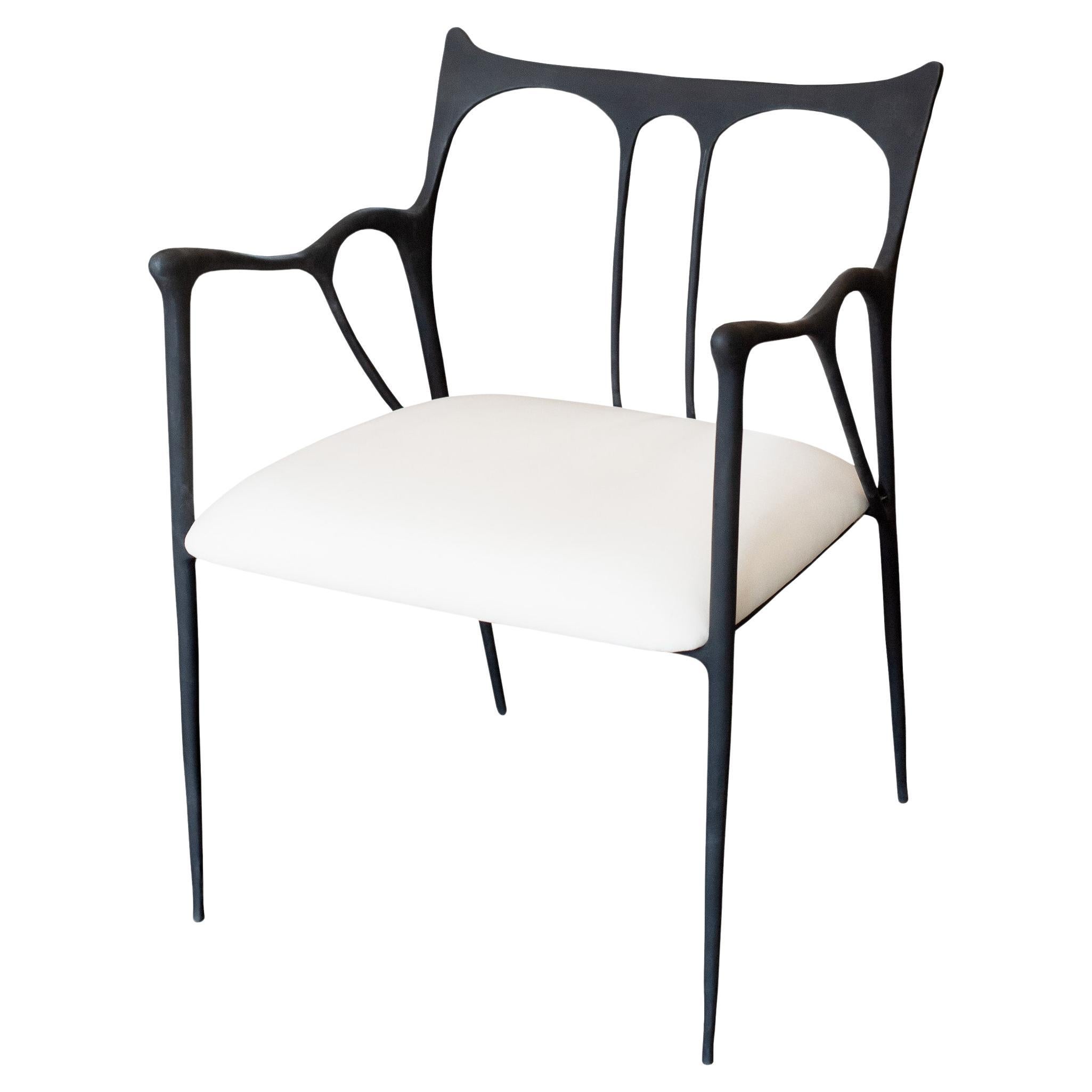 Contemporary Blackened Cast Brass Sculptural Armchair with Calico Seat For Sale