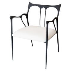 Contemporary Blackened Cast Brass Sculptural Armchair with Calico Seat