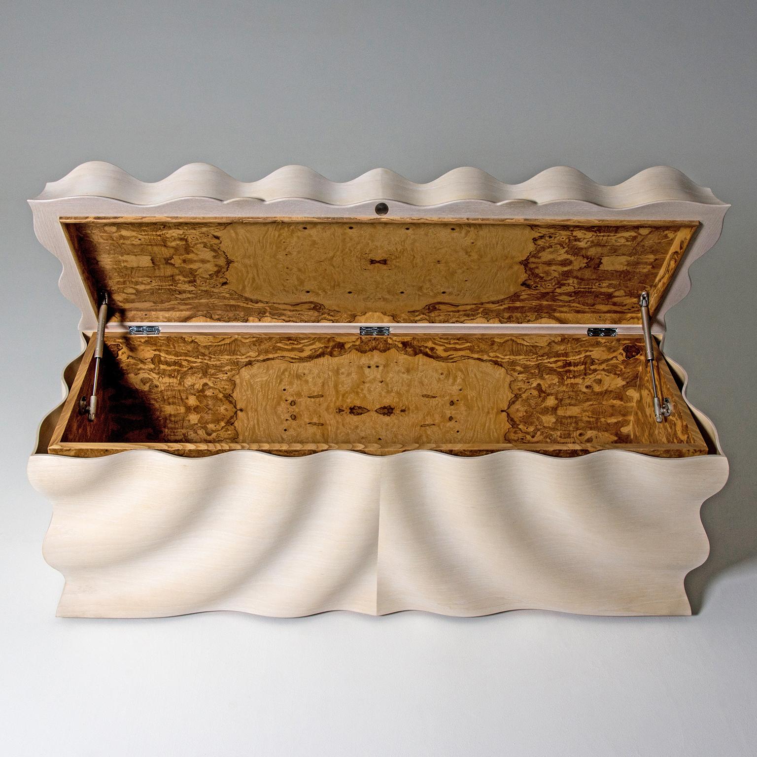 Contemporary Rippled Blanket Chest in Limed Ash and Olive Ash Burr For Sale 3