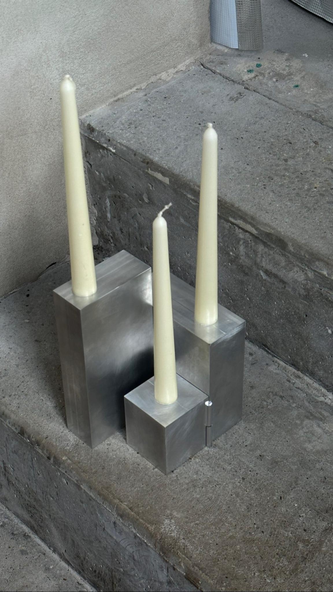Contemporary Block Form Hinge Matte Aluminum Candelabra by Henry Wilson in vendita 3