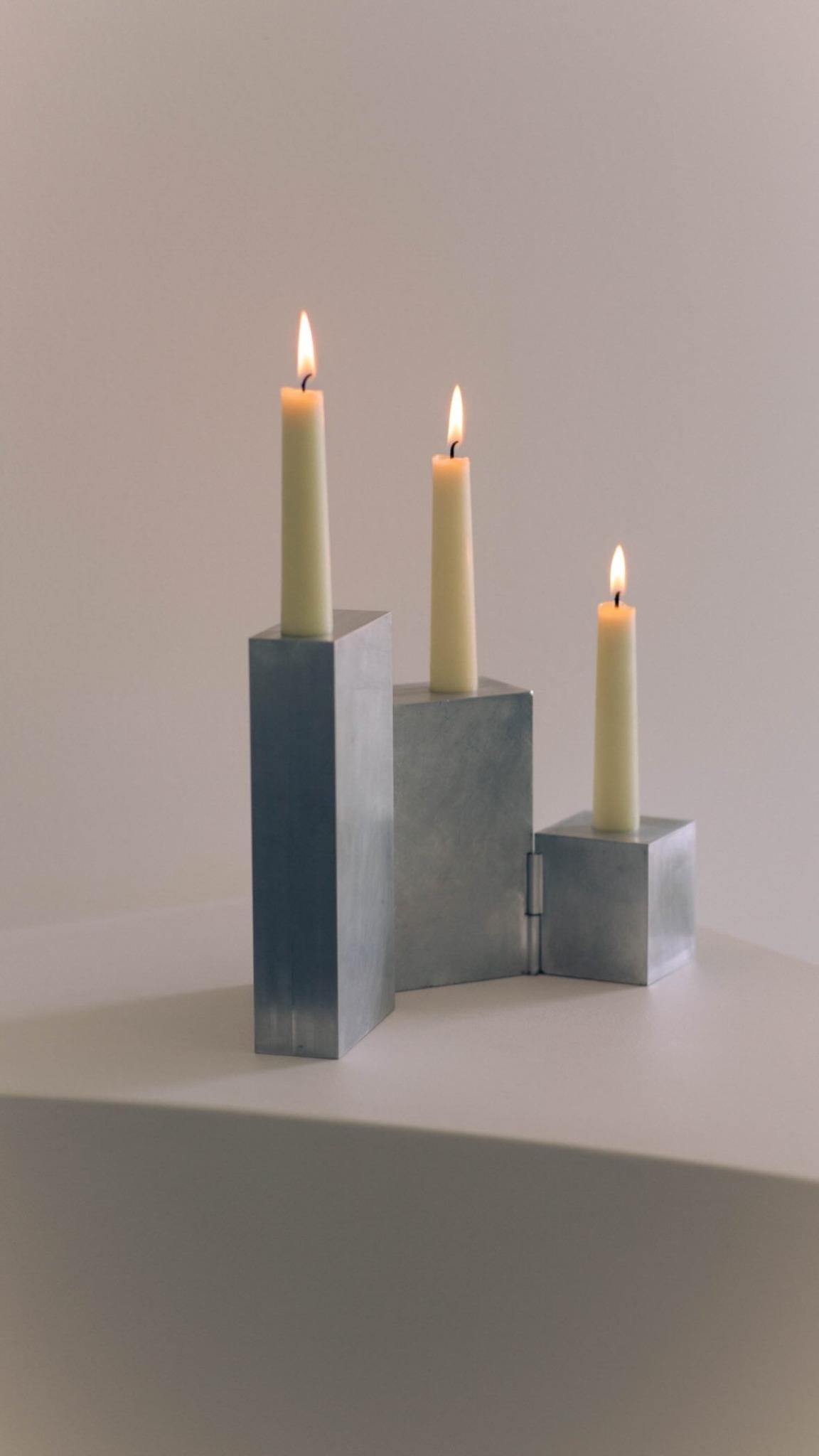 XXI secolo e contemporaneo Contemporary Block Form Hinge Matte Aluminum Candelabra by Henry Wilson in vendita