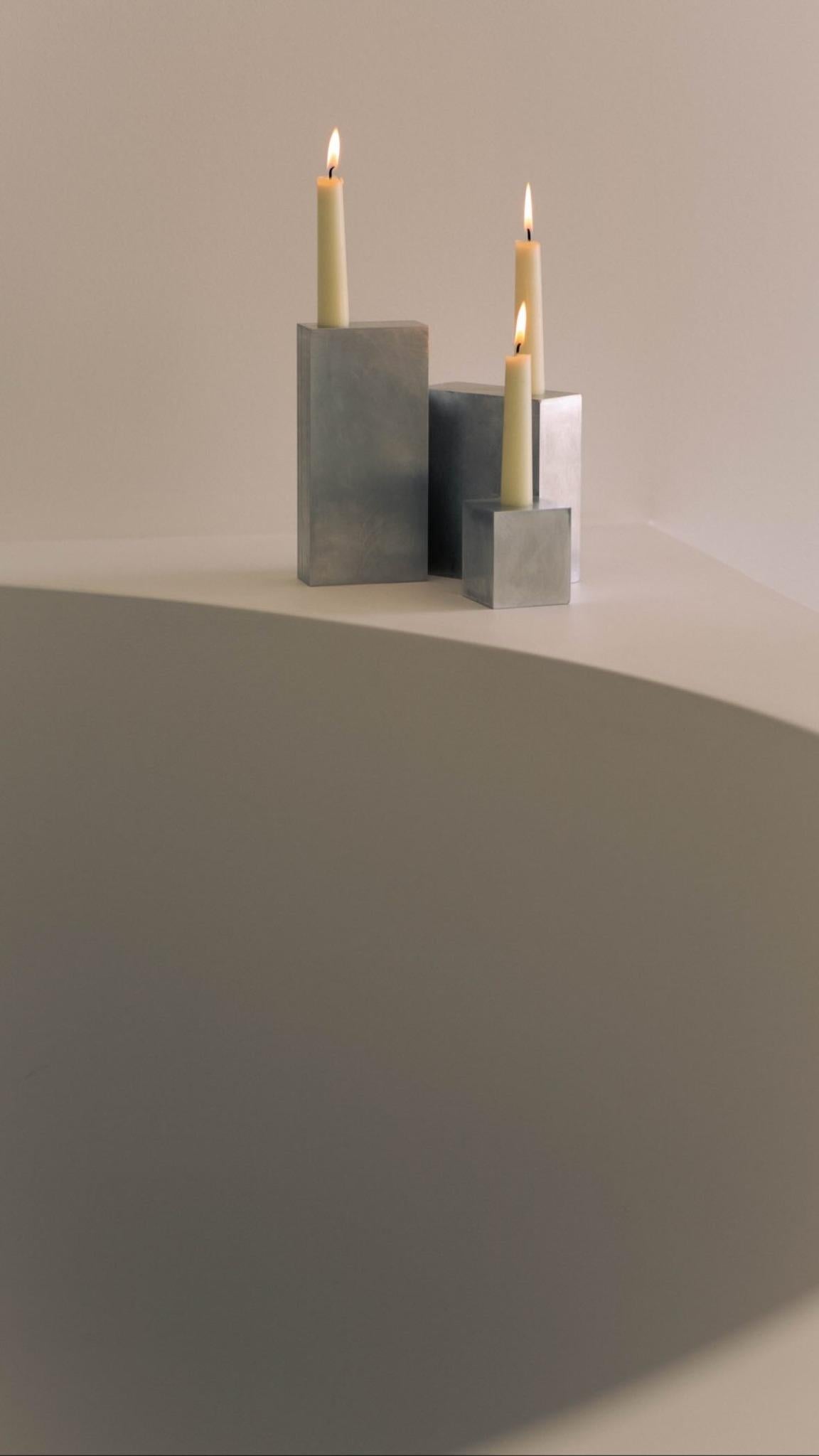 Alluminio Contemporary Block Form Hinge Matte Aluminum Candelabra by Henry Wilson in vendita