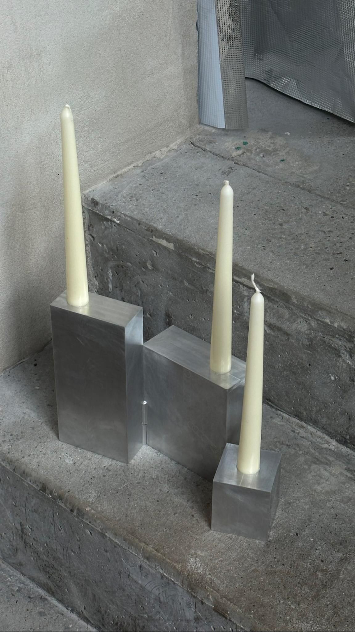 Contemporary Block Form Hinge Matte Aluminum Candelabra by Henry Wilson in vendita 2