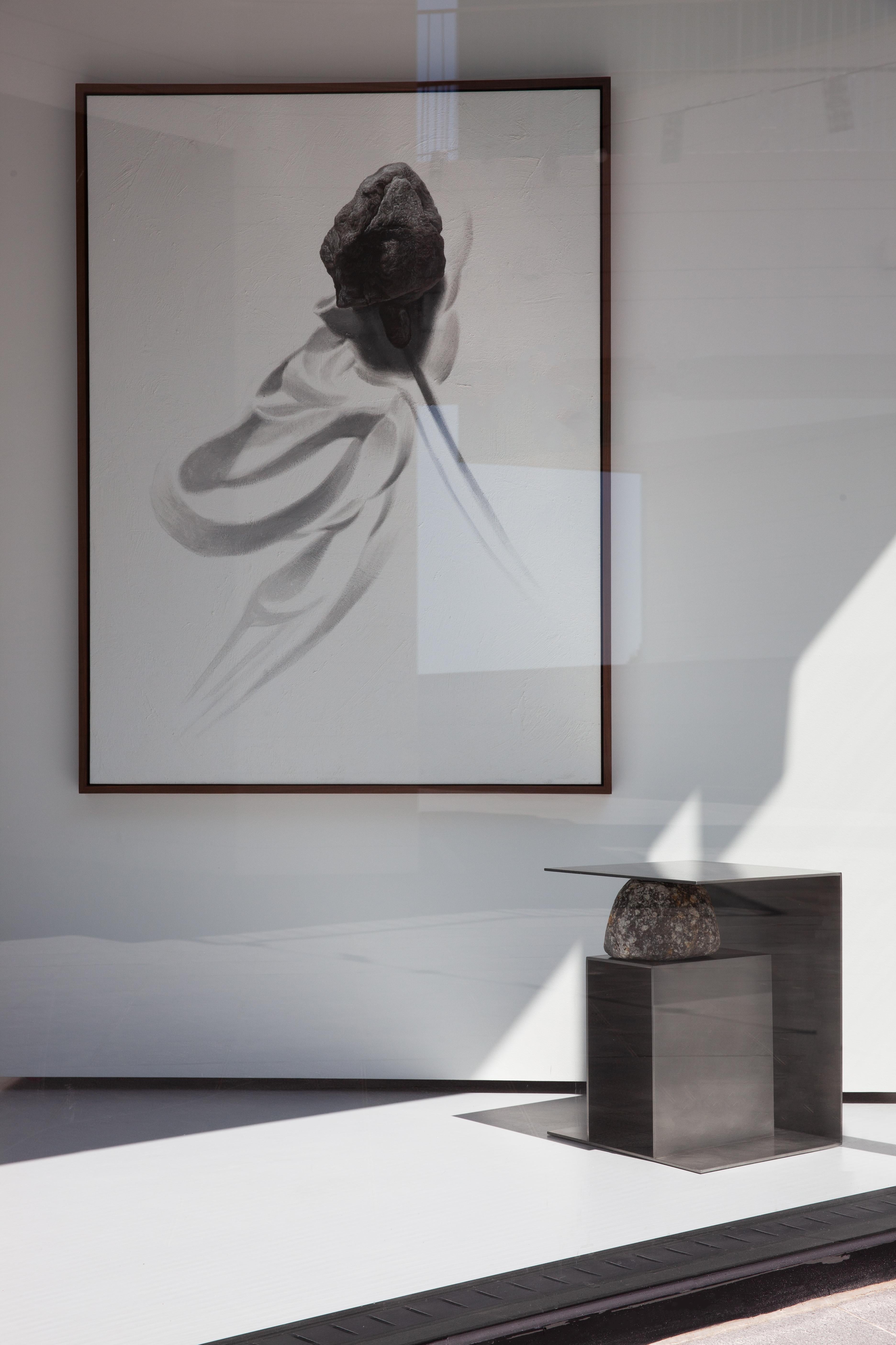 Contemporary Block Form Stainless Steel Stool with Natural Stone by Lee Sisan (Stahl) im Angebot