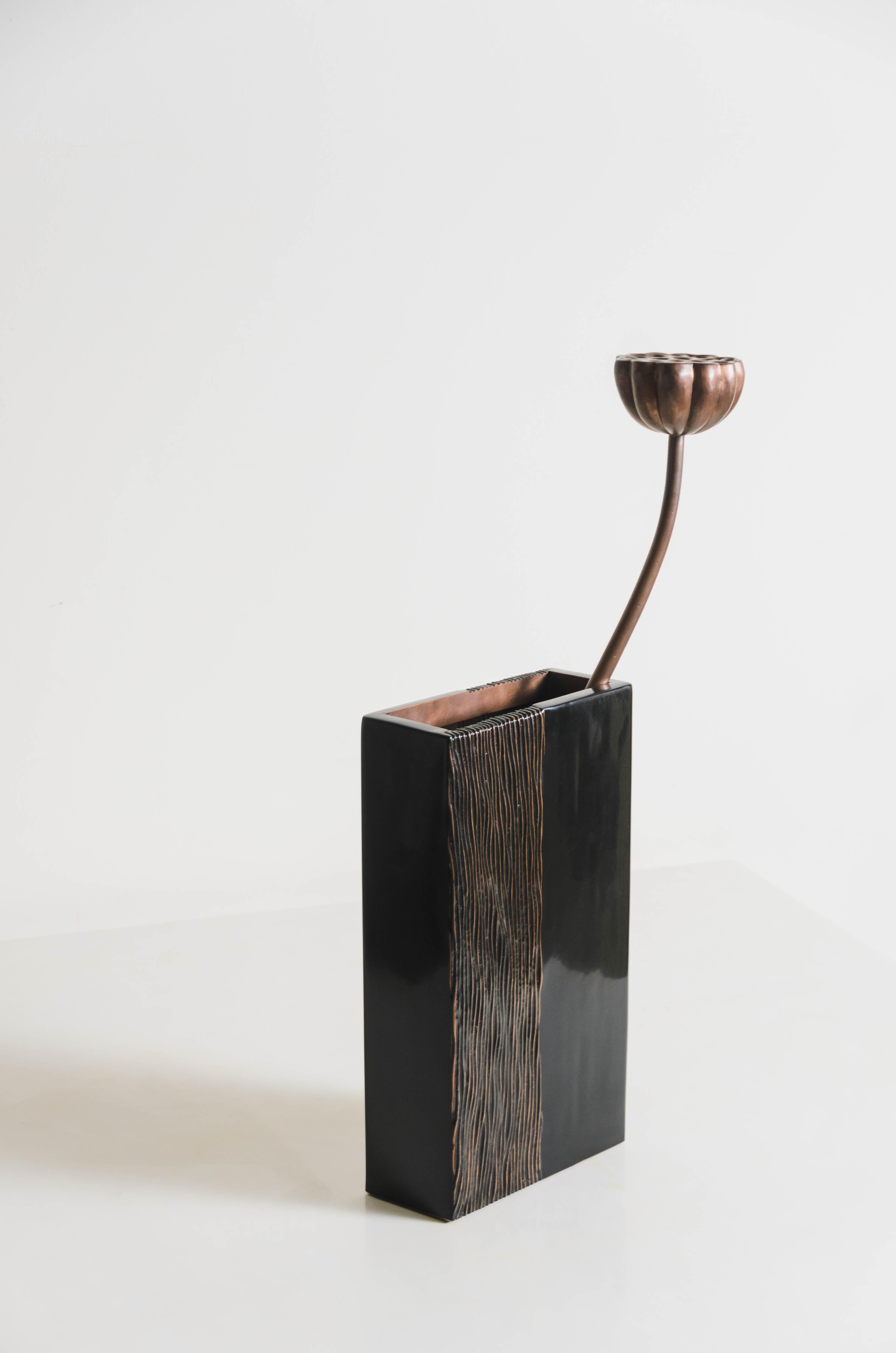 Copper Contemporary Block Vase w/ Pleats Design in Black Lacquer by Robert Kuo For Sale