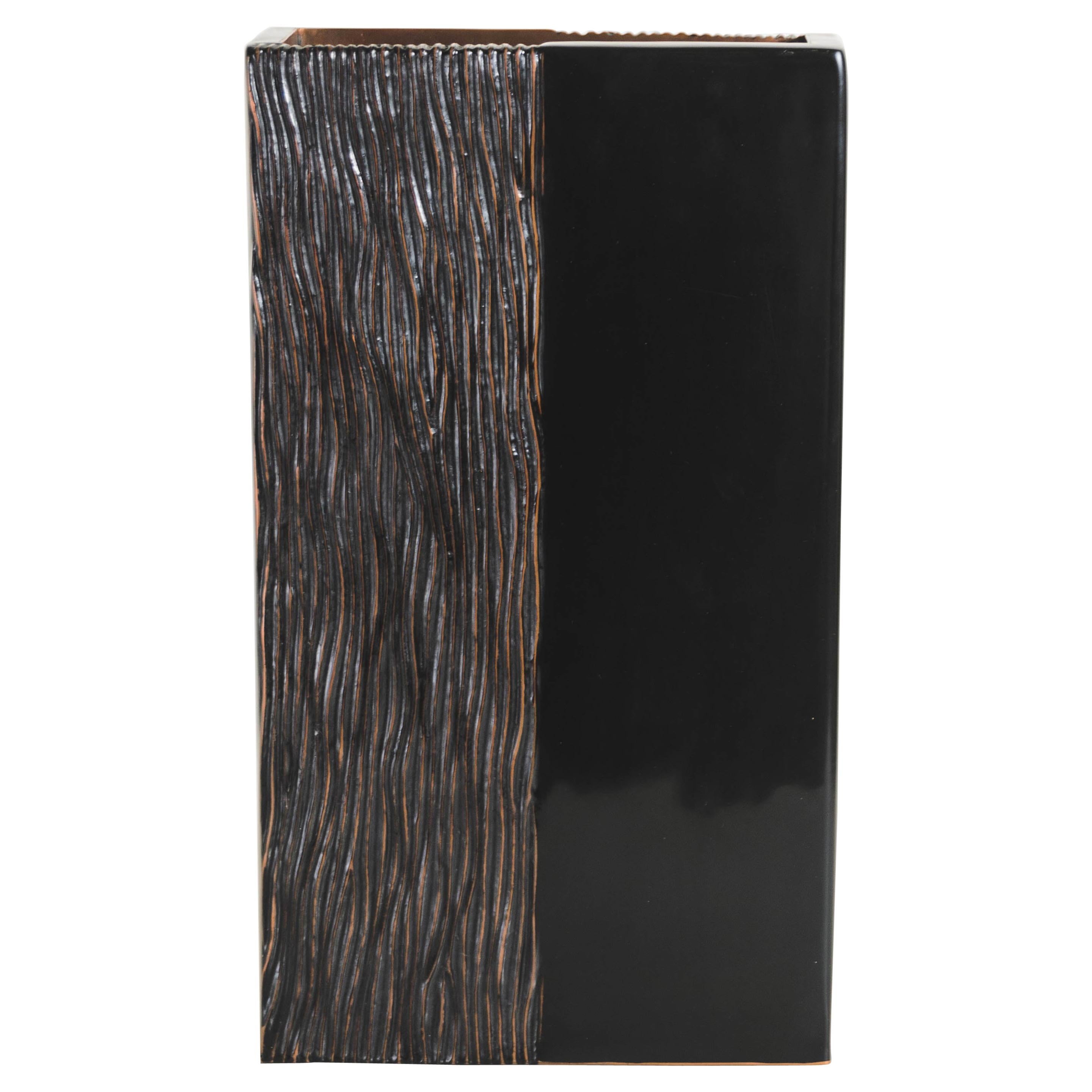 Contemporary Block Vase w/ Pleats Design in Black Lacquer by Robert Kuo For Sale