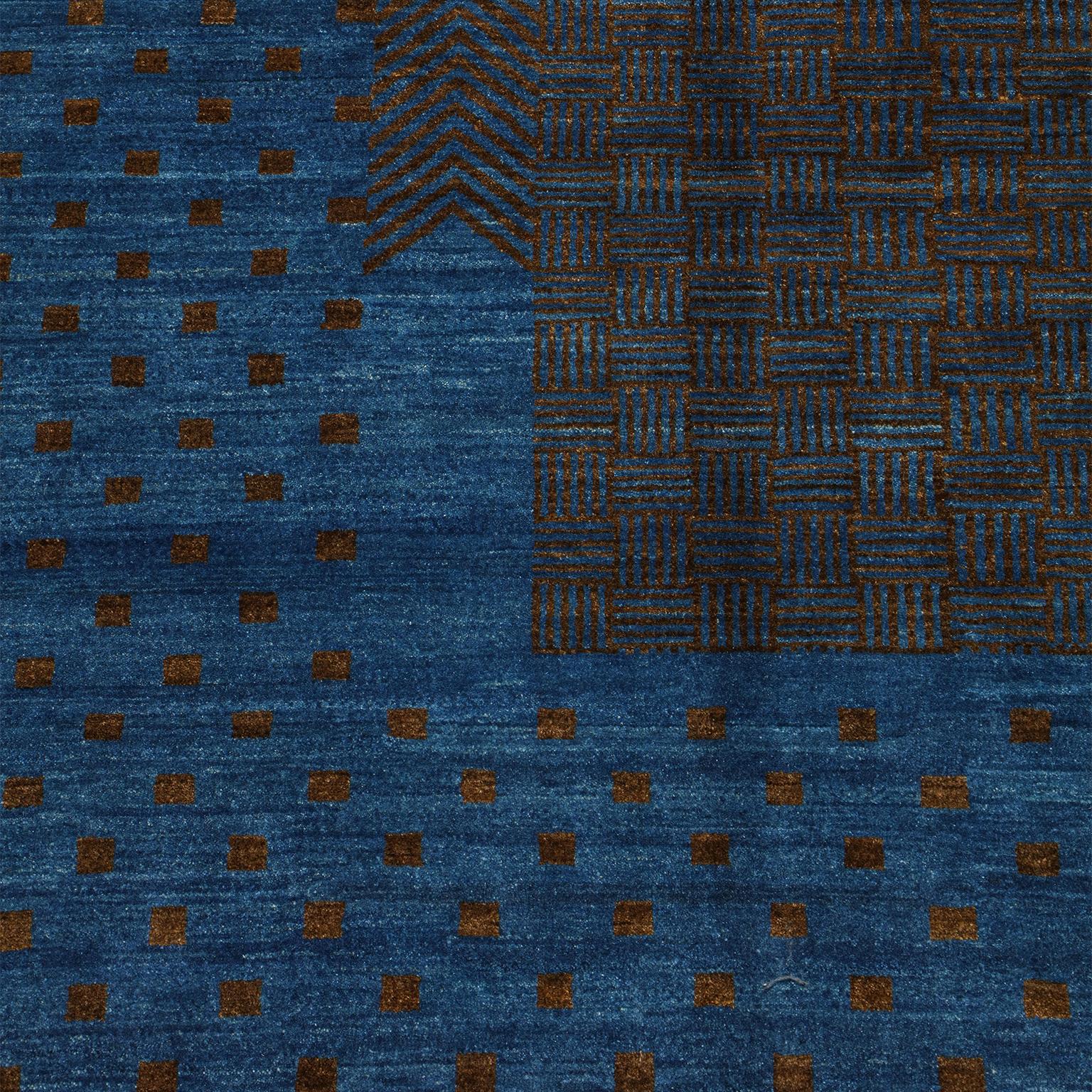 Contemporary Hand-Knotted Art Deco Persian Rug in Blue and Brown Wool, 9' x 12' For Sale