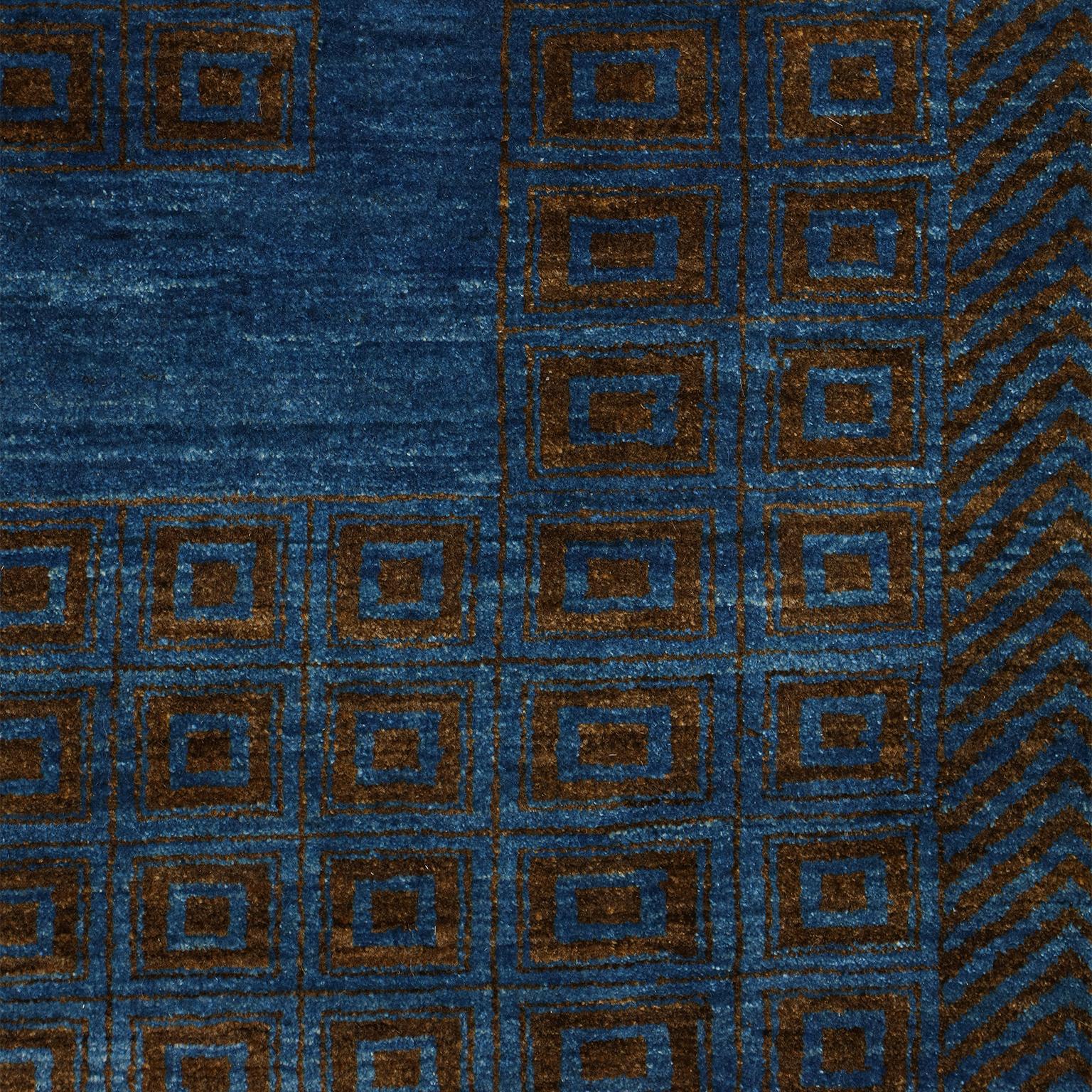Hand-Knotted Art Deco Persian Rug in Blue and Brown Wool, 9' x 12' For Sale 3