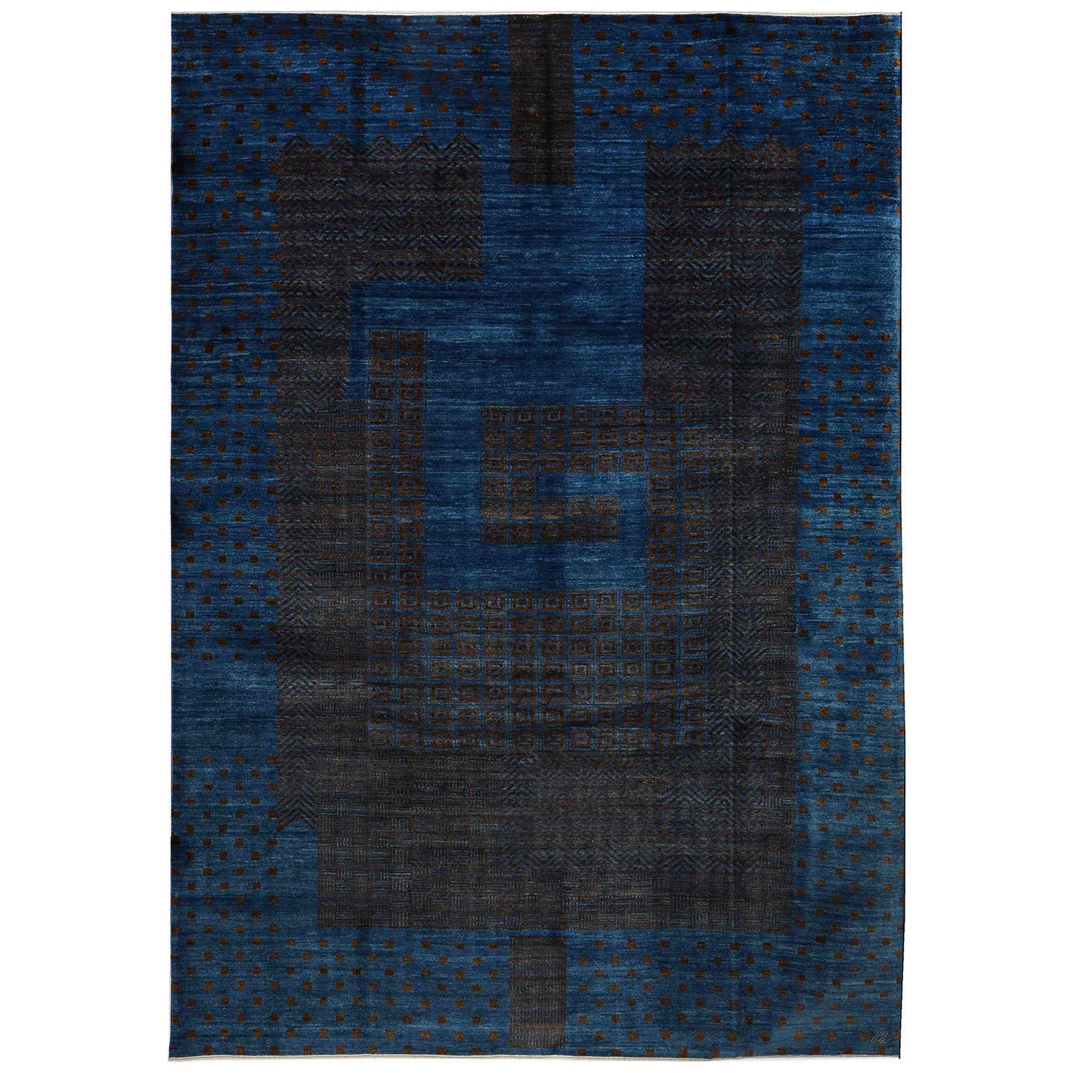 Orley Shabahang Tapis persan en laine Art déco, bleu et Brown, 9' x 12'