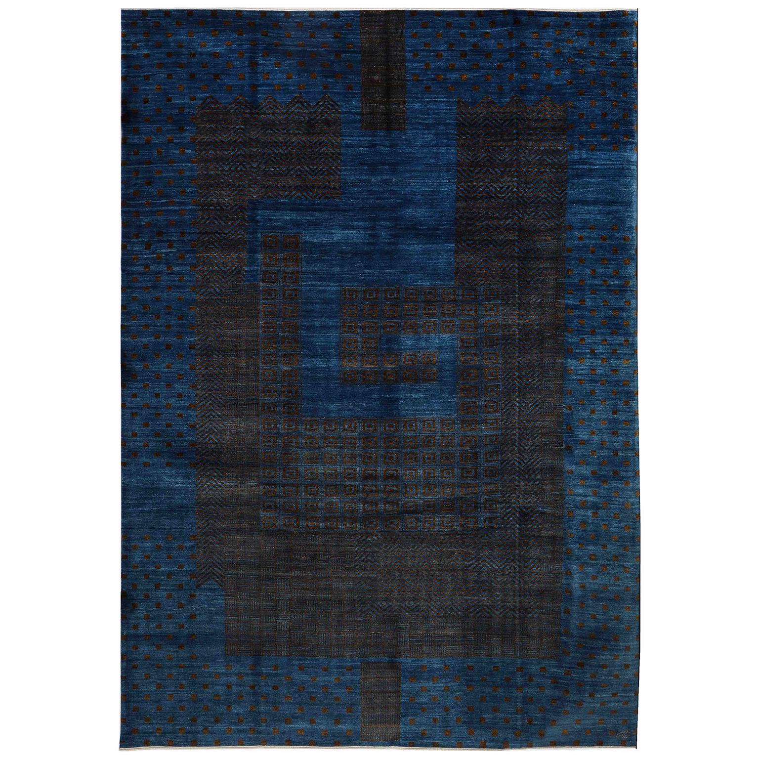 Hand-Knotted Art Deco Persian Rug in Blue and Brown Wool, 9' x 12'