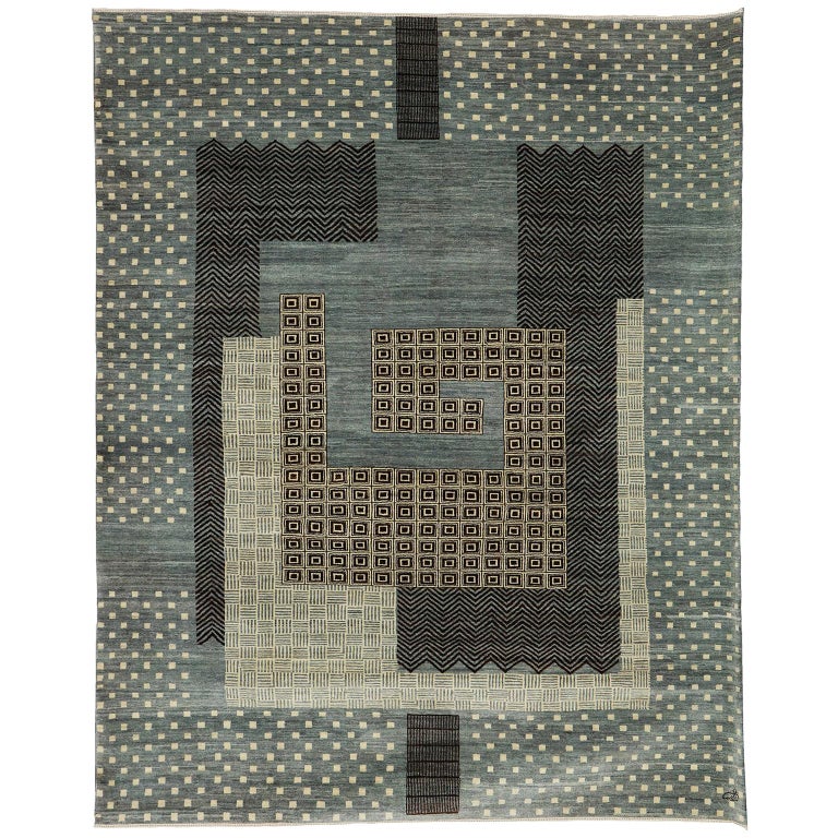 Orley Shabahang "Labyrinth" Contemporary Persian Rug, Blue and Gray