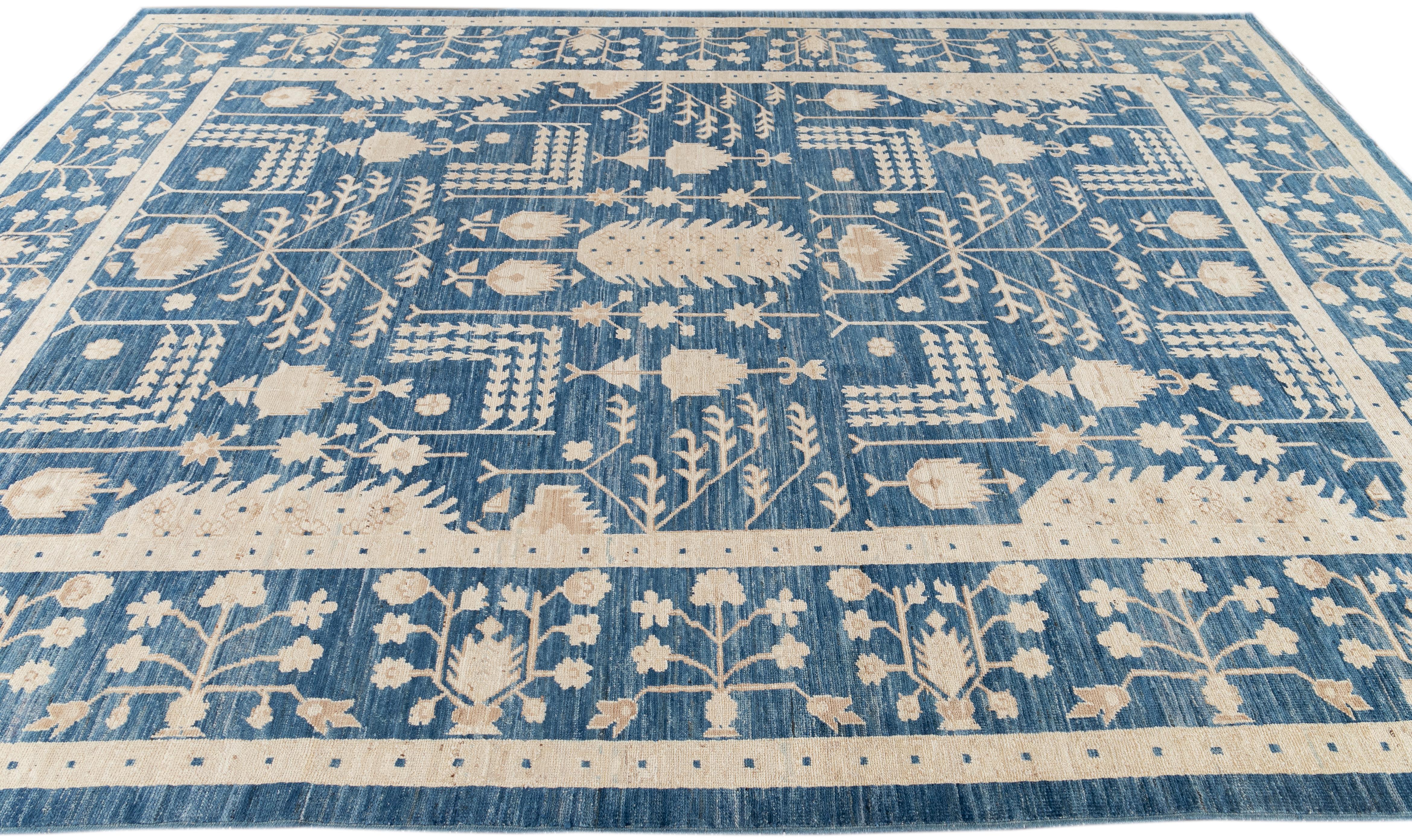 Hand-Knotted Contemporary Blue and Ivory Oushak-Style Wool Area Rug