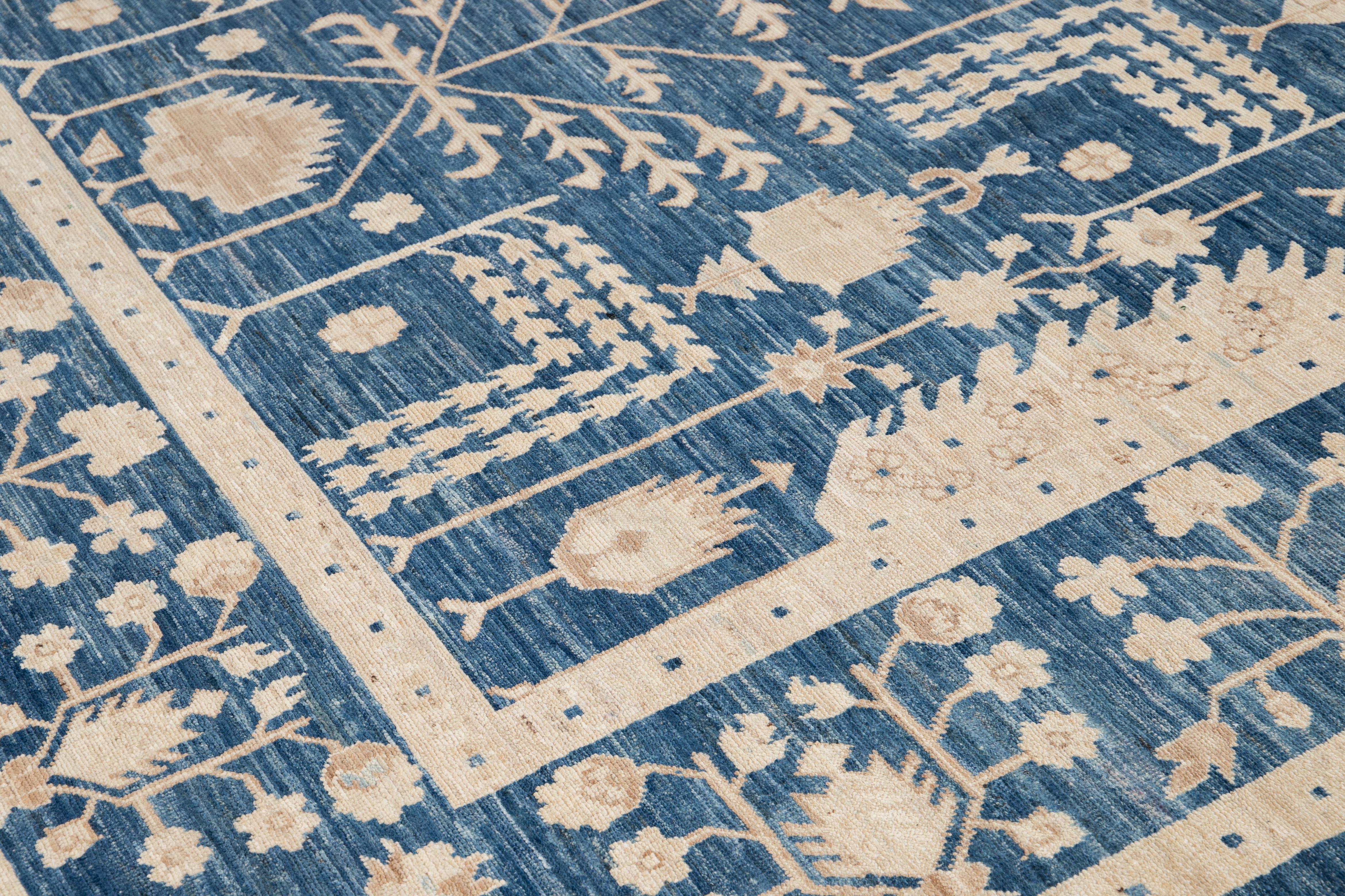 Contemporary Blue and Ivory Oushak-Style Wool Area Rug 1
