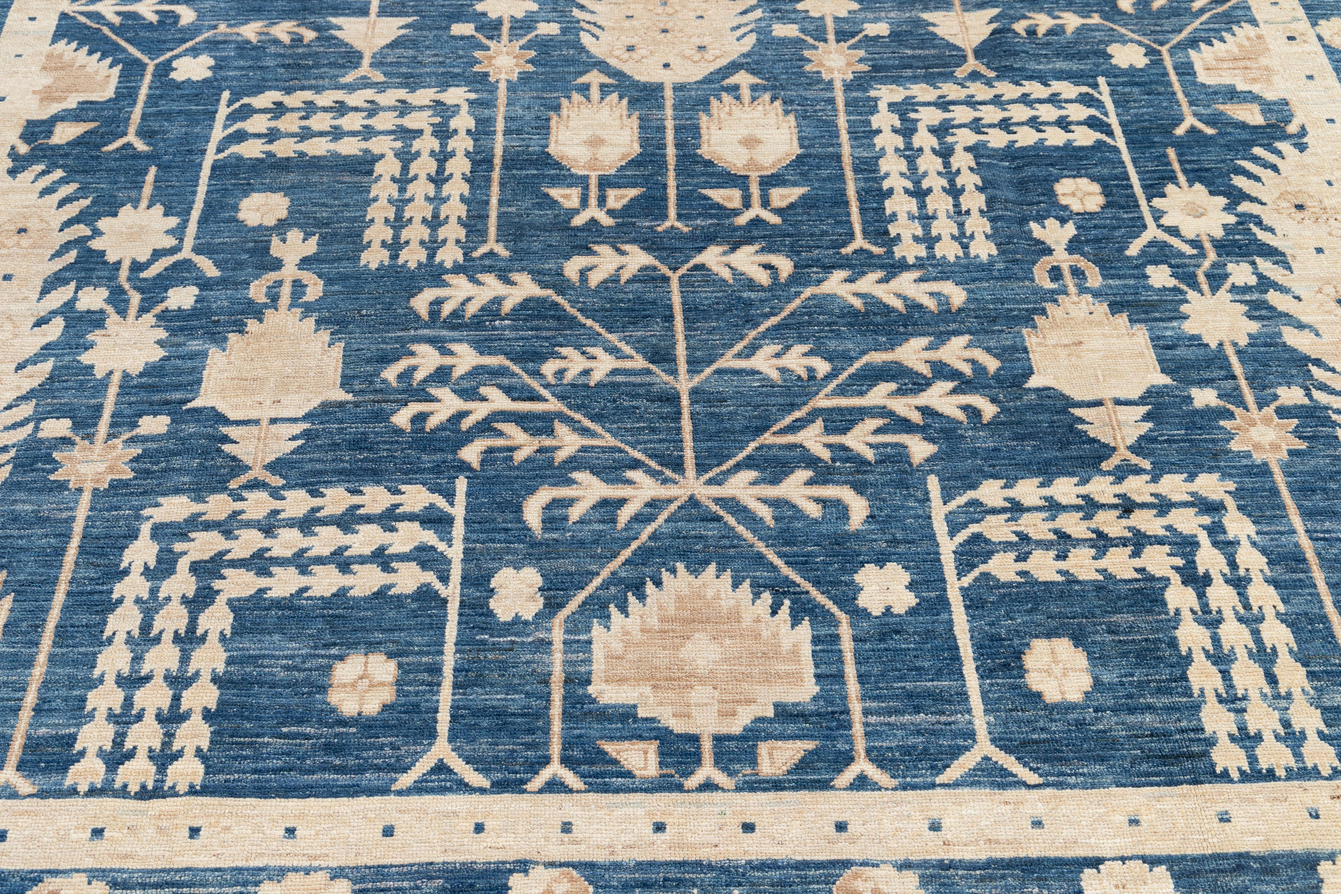 Contemporary Blue and Ivory Oushak-Style Wool Area Rug 2