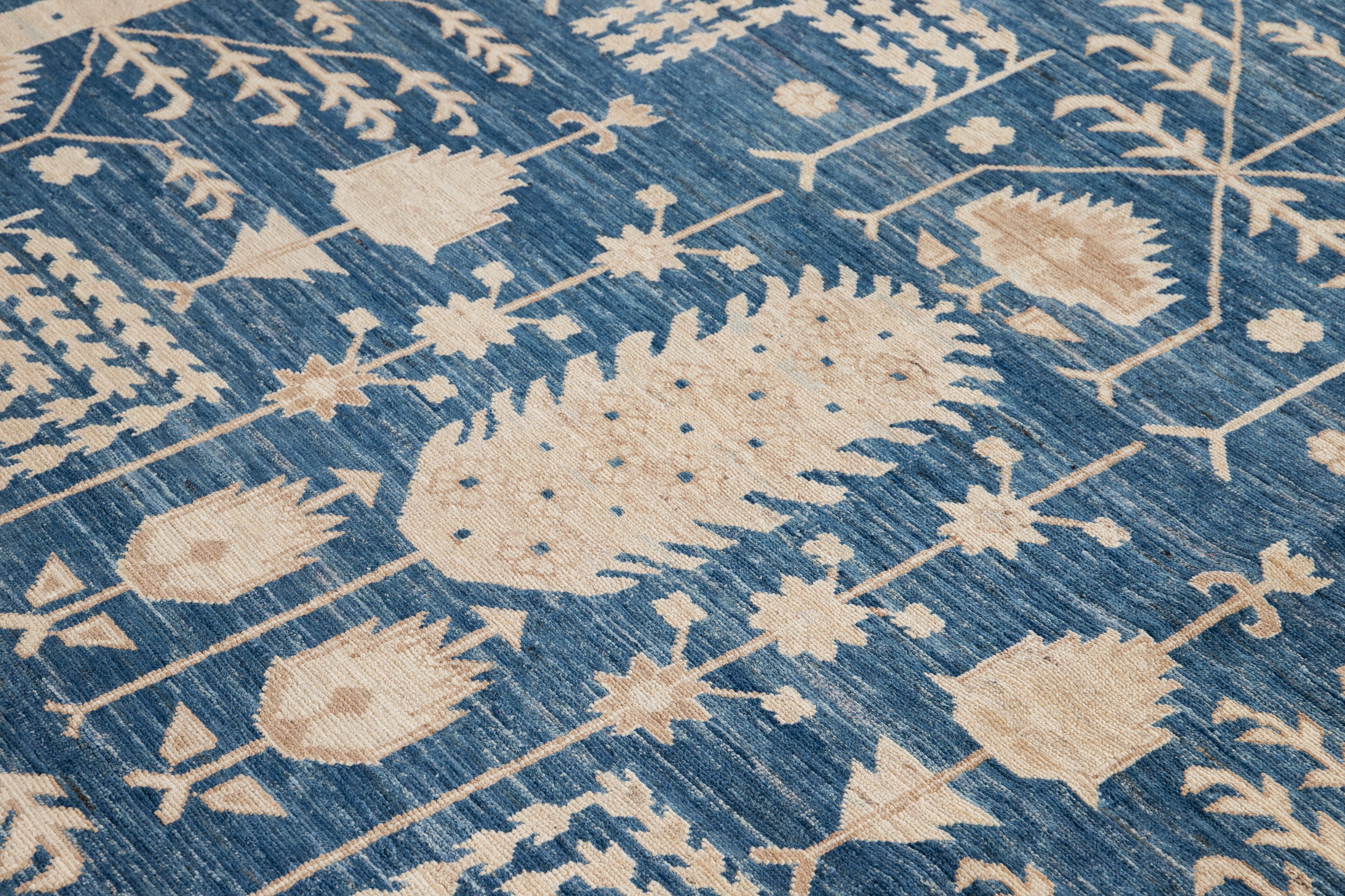 Contemporary Blue and Ivory Oushak-Style Wool Area Rug 3