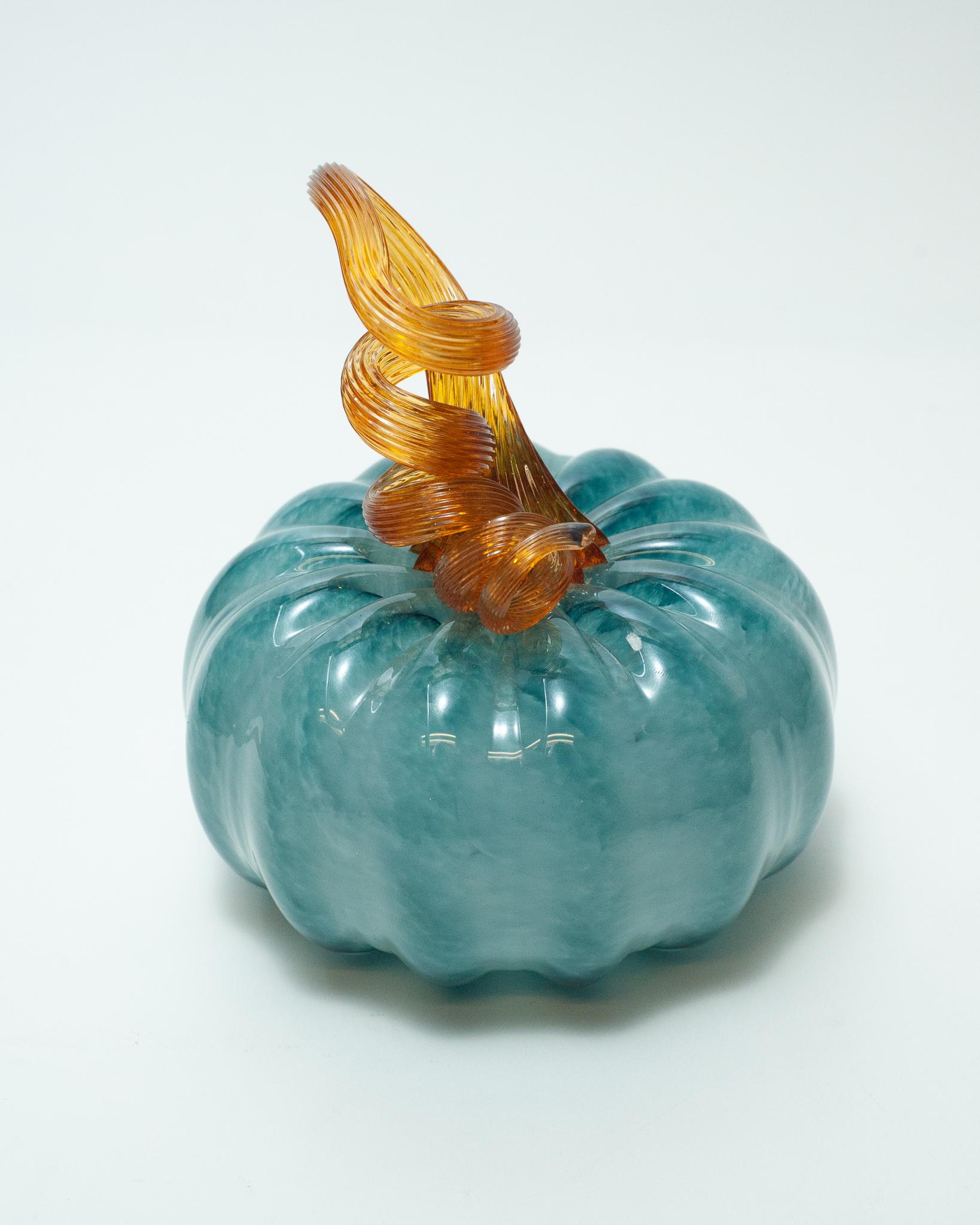 Canadian Contemporary Blue and Multicolour Medium Blown Glass Pumpkin Sculpture For Sale