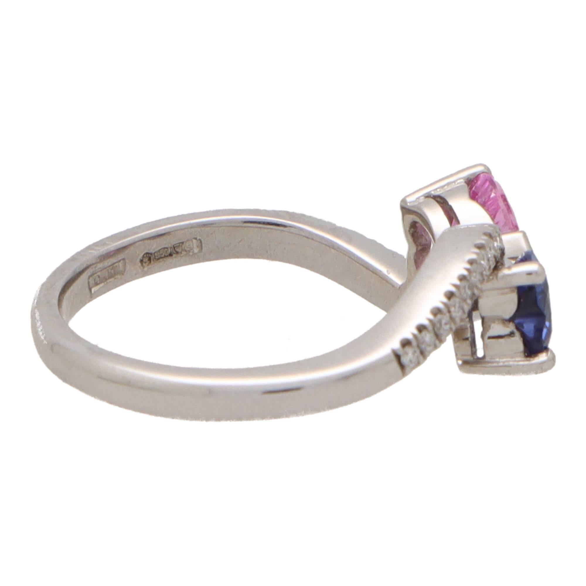 Modern Contemporary Blue and Pink Sapphire Toi-et-moi Crossover Ring in White Gold