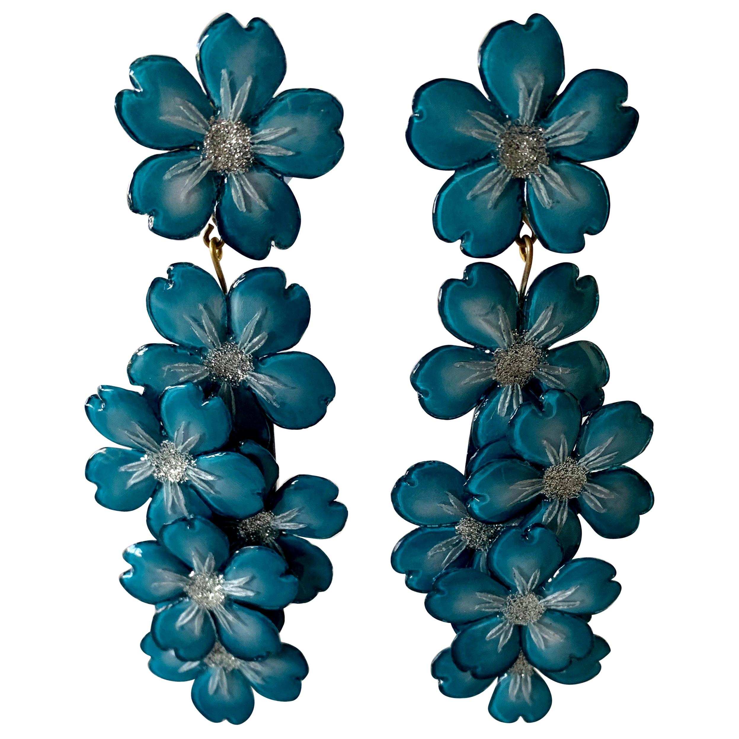 Contemporary Blue and Silver Flower Chandelier Statement Earrings at