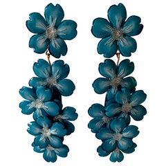 Contemporary  Blue and Silver Flower Chandelier Statement Earrings 