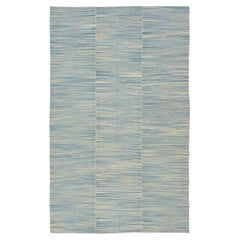 Contemporary Blue/Beige Turkish Kilim Flatweave Wool Rug
