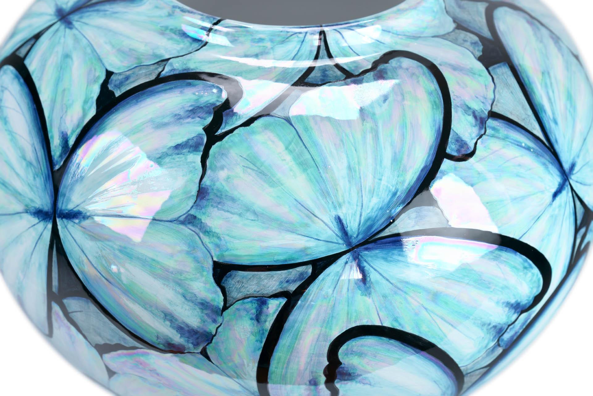 Contemporary Blue Butterflies Hand Painted Mother of Pearl Luster Ceramic Vase For Sale 4