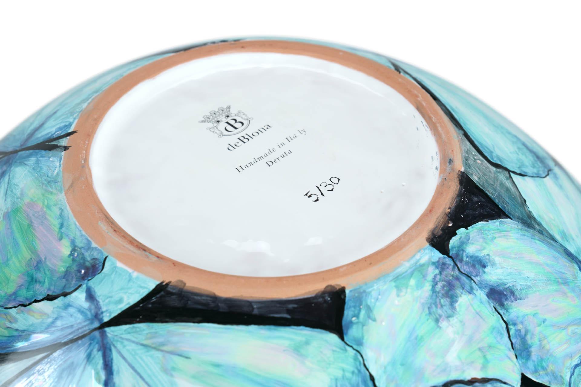 Contemporary Blue Butterflies Hand Painted Mother of Pearl Luster Ceramic Vase For Sale 5