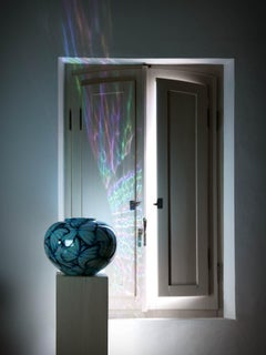 Contemporary Blue Butterflies Hand Painted Mother of Pearl Luster Ceramic Vase