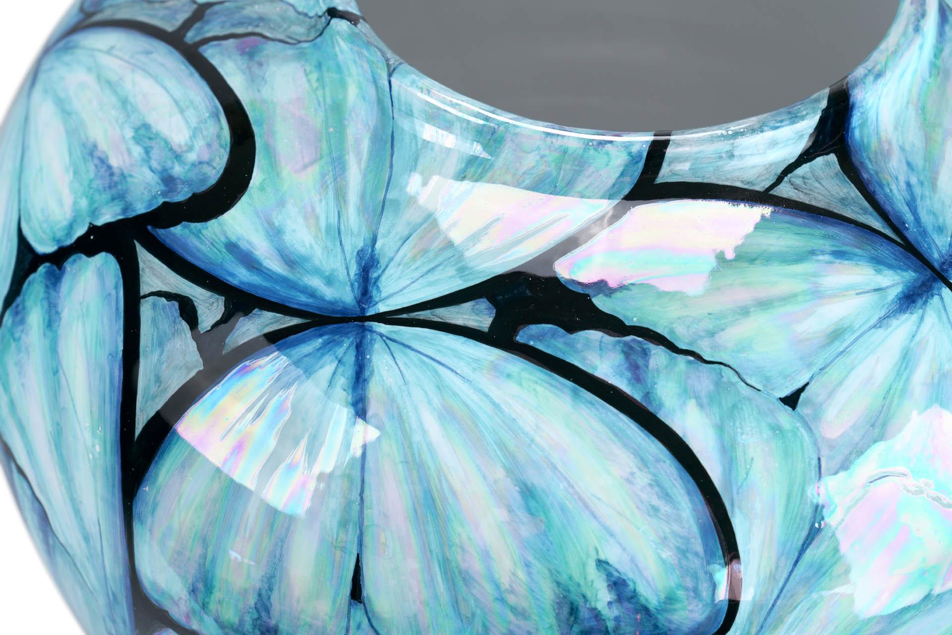 Modern Contemporary Blue Butterflies Hand Painted Mother of Pearl Luster Ceramic Vase For Sale