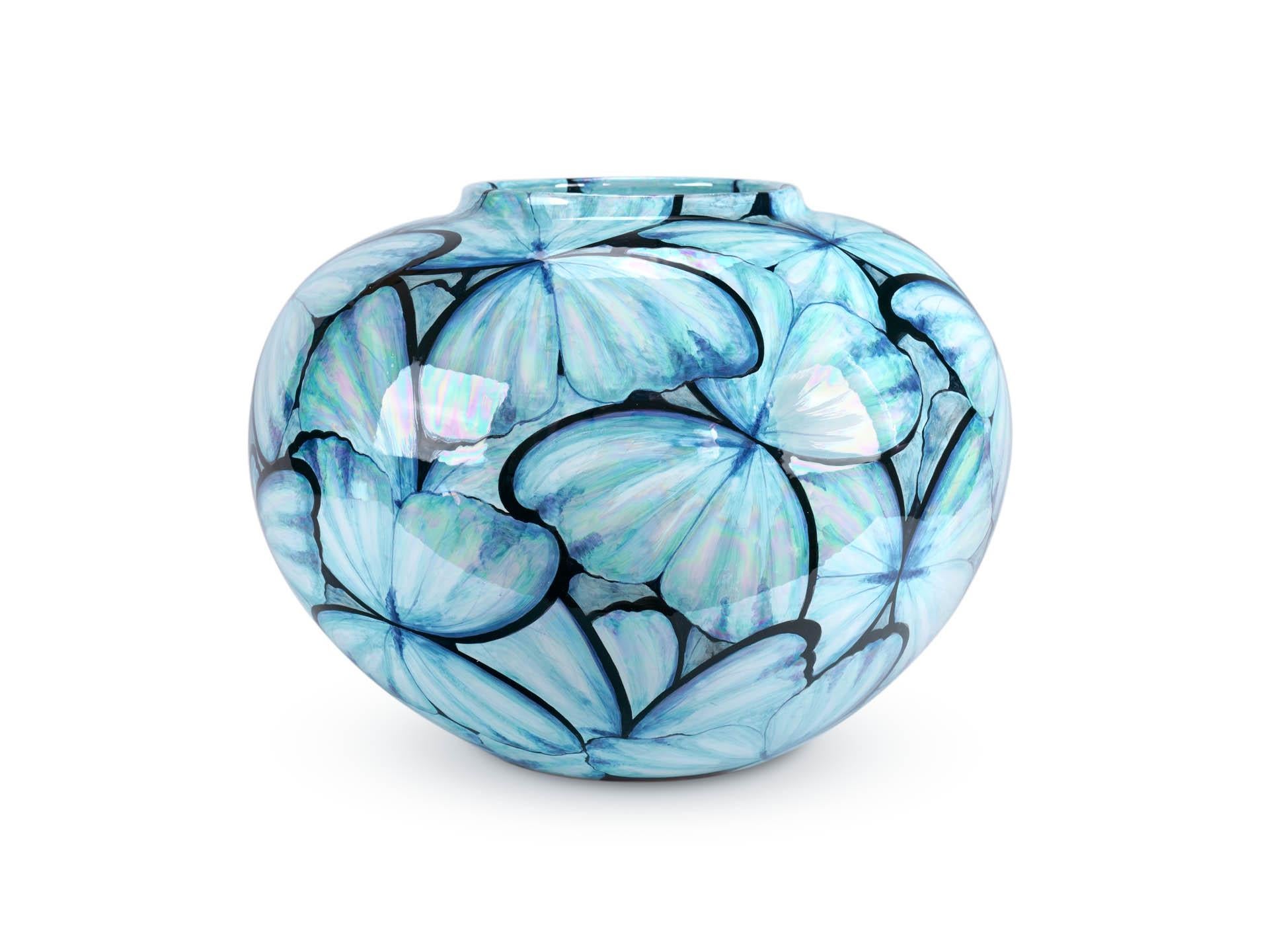 Italian Contemporary Blue Butterflies Hand Painted Mother of Pearl Luster Ceramic Vase For Sale