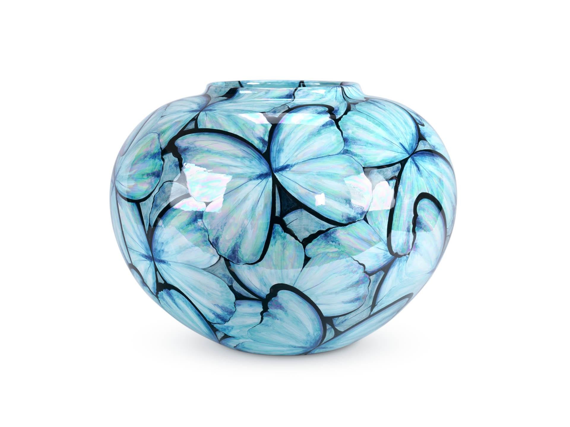 Hand-Carved Contemporary Blue Butterflies Hand Painted Mother of Pearl Luster Ceramic Vase For Sale
