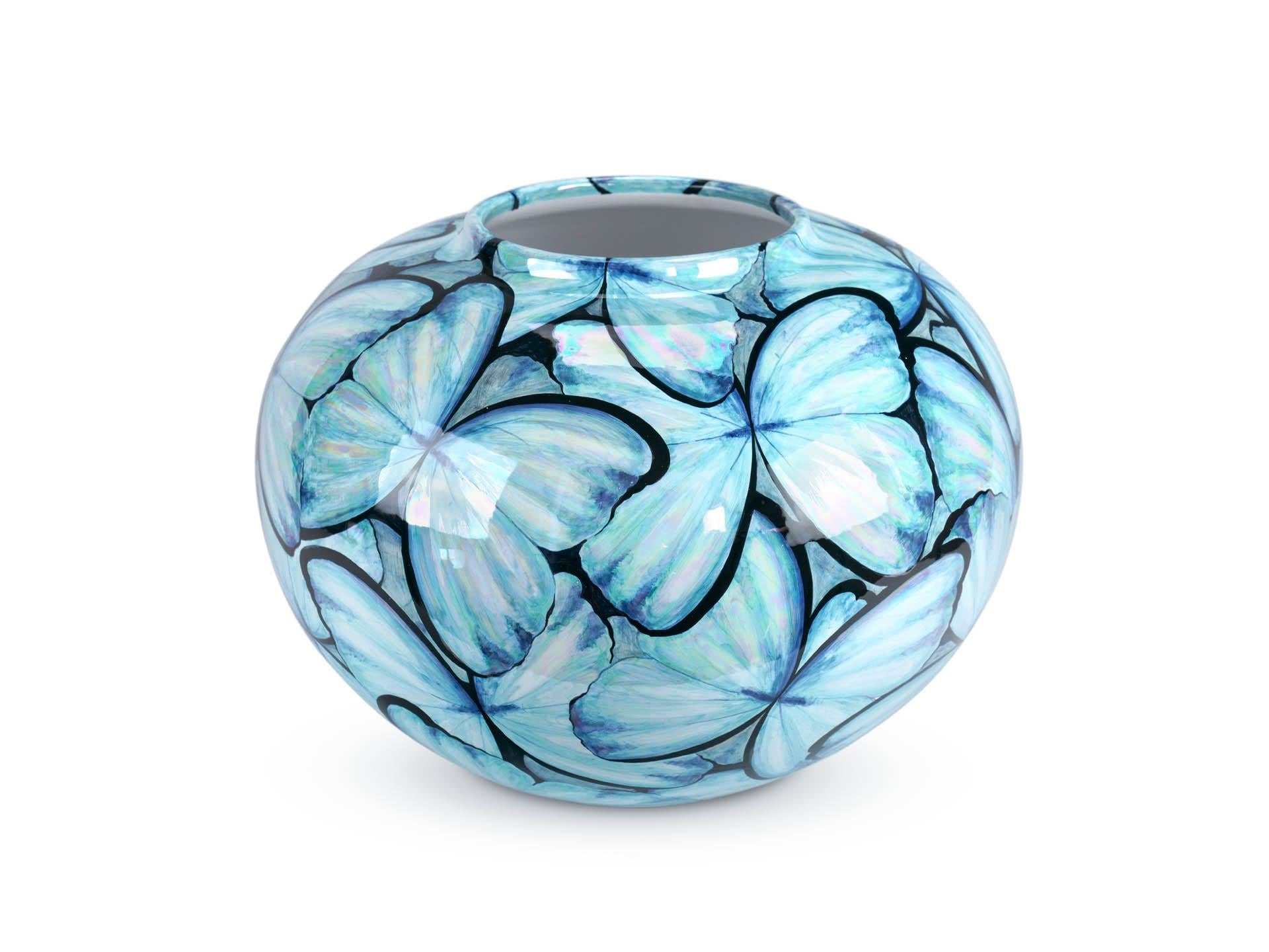 Contemporary Blue Butterflies Hand Painted Mother of Pearl Luster Ceramic Vase In New Condition For Sale In Recanati, IT