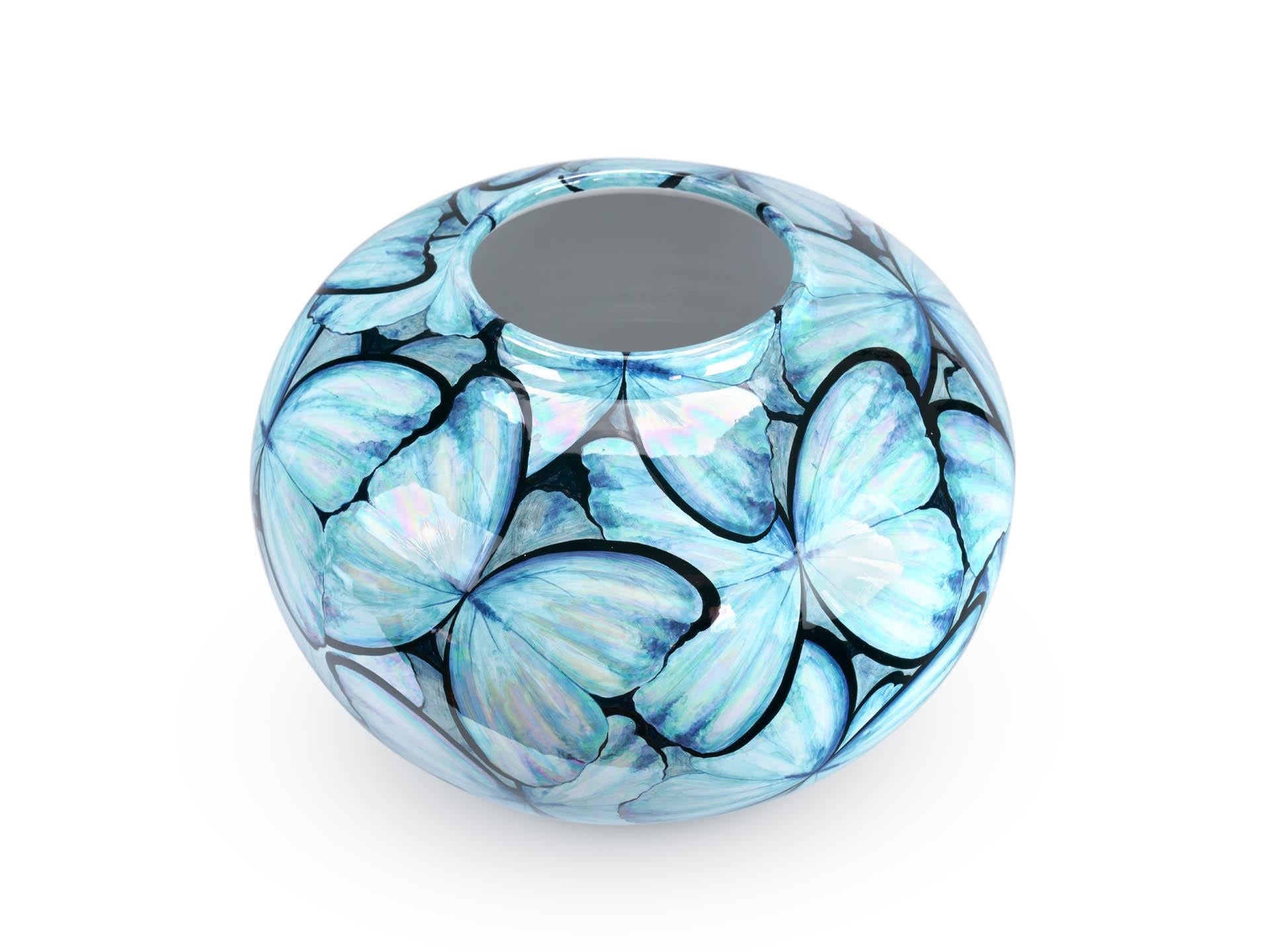 Contemporary Blue Butterflies Hand Painted Mother of Pearl Luster Ceramic Vase For Sale 1