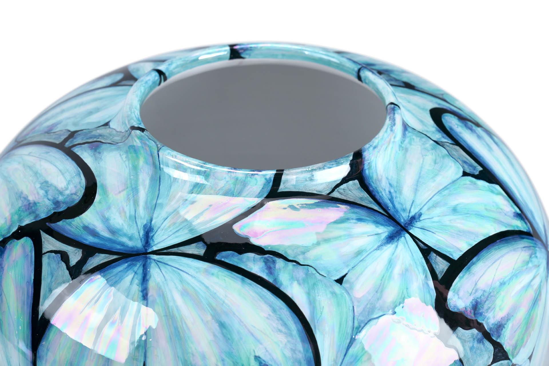 Contemporary Blue Butterflies Hand Painted Mother of Pearl Luster Ceramic Vase For Sale 2