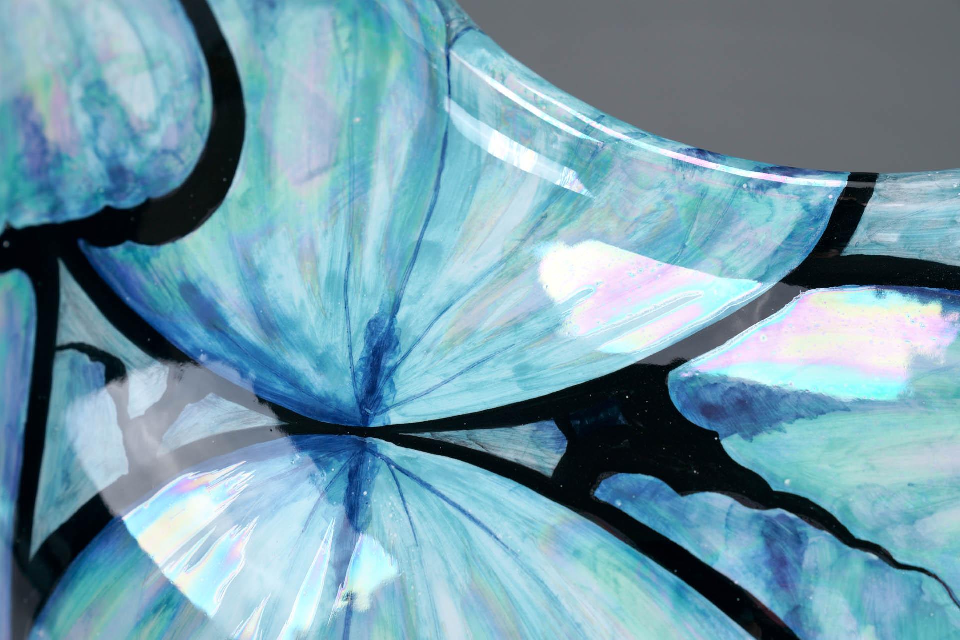 Contemporary Blue Butterflies Hand Painted Mother of Pearl Luster Ceramic Vase For Sale 3
