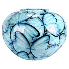 Contemporary Blue Butterflies Hand Painted Mother of Pearl Luster Ceramic Vase
