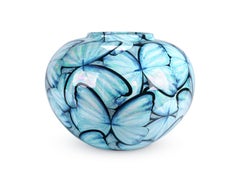 Contemporary Blue Butterflies Hand Painted Mother of Pearl Luster Ceramic Vase