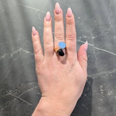 Contemporary Blue Chalcedony Smoky Quartz 18K Yellow Gold Bypass Ring
