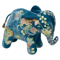 Contemporary Blue Embroidered Silk Velvet Elephant