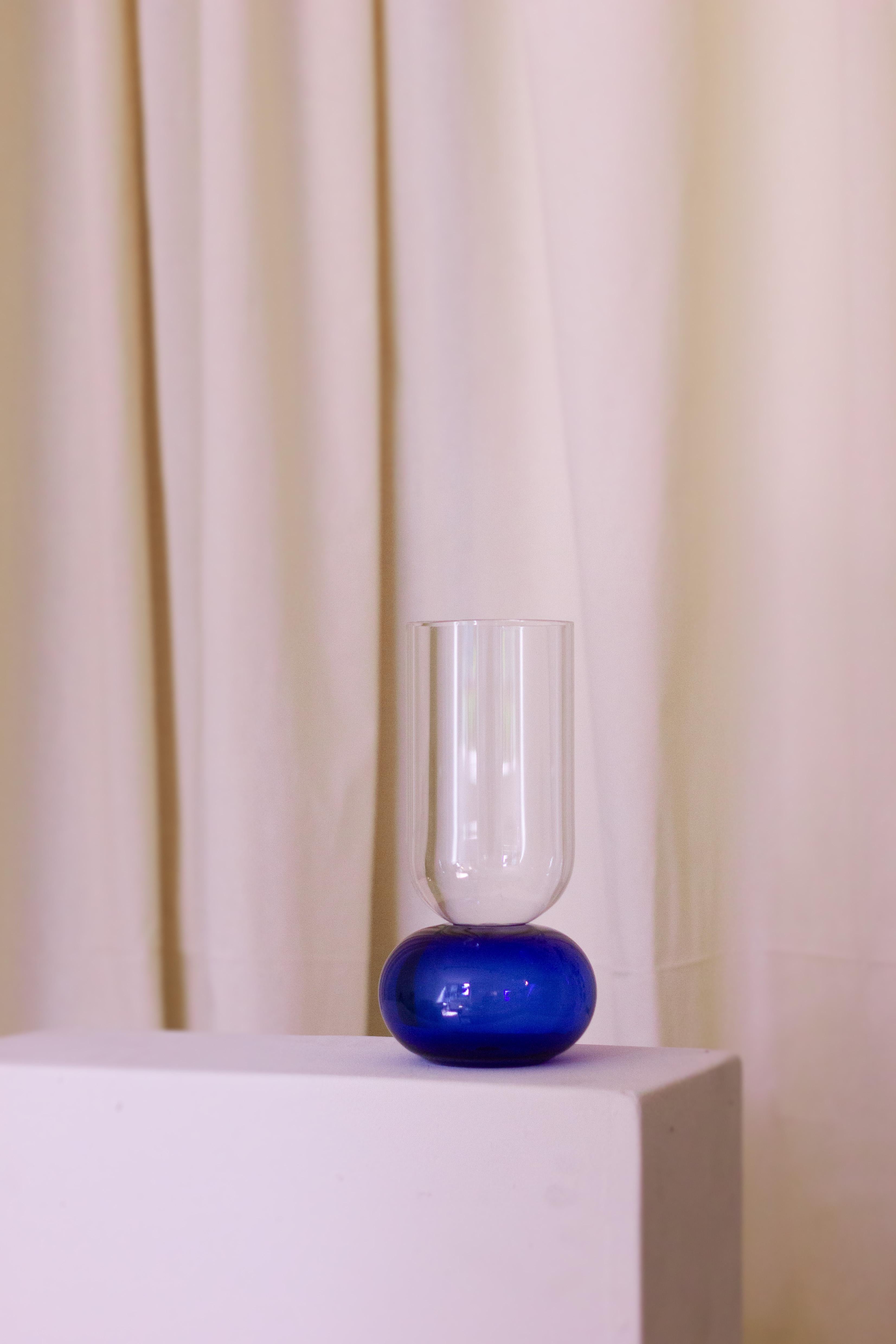 Modern Contemporary Blue Flower Glass Blown Cylinder Vase Handcrafted, Natalia Criado For Sale