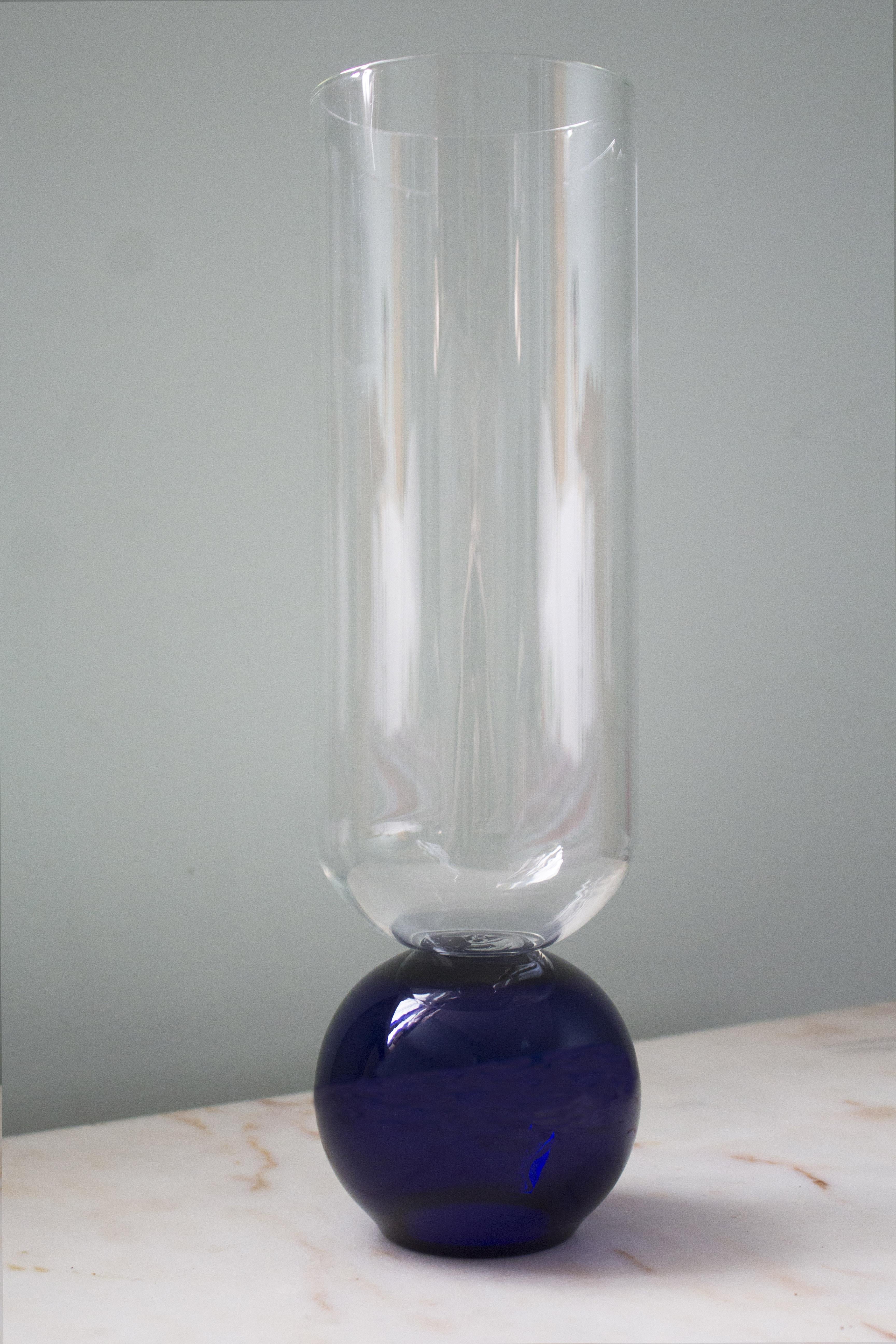 Blown Glass Contemporary Blue Flower Glass Blown Cylinder Vase Handcrafted by Natalia Criado For Sale