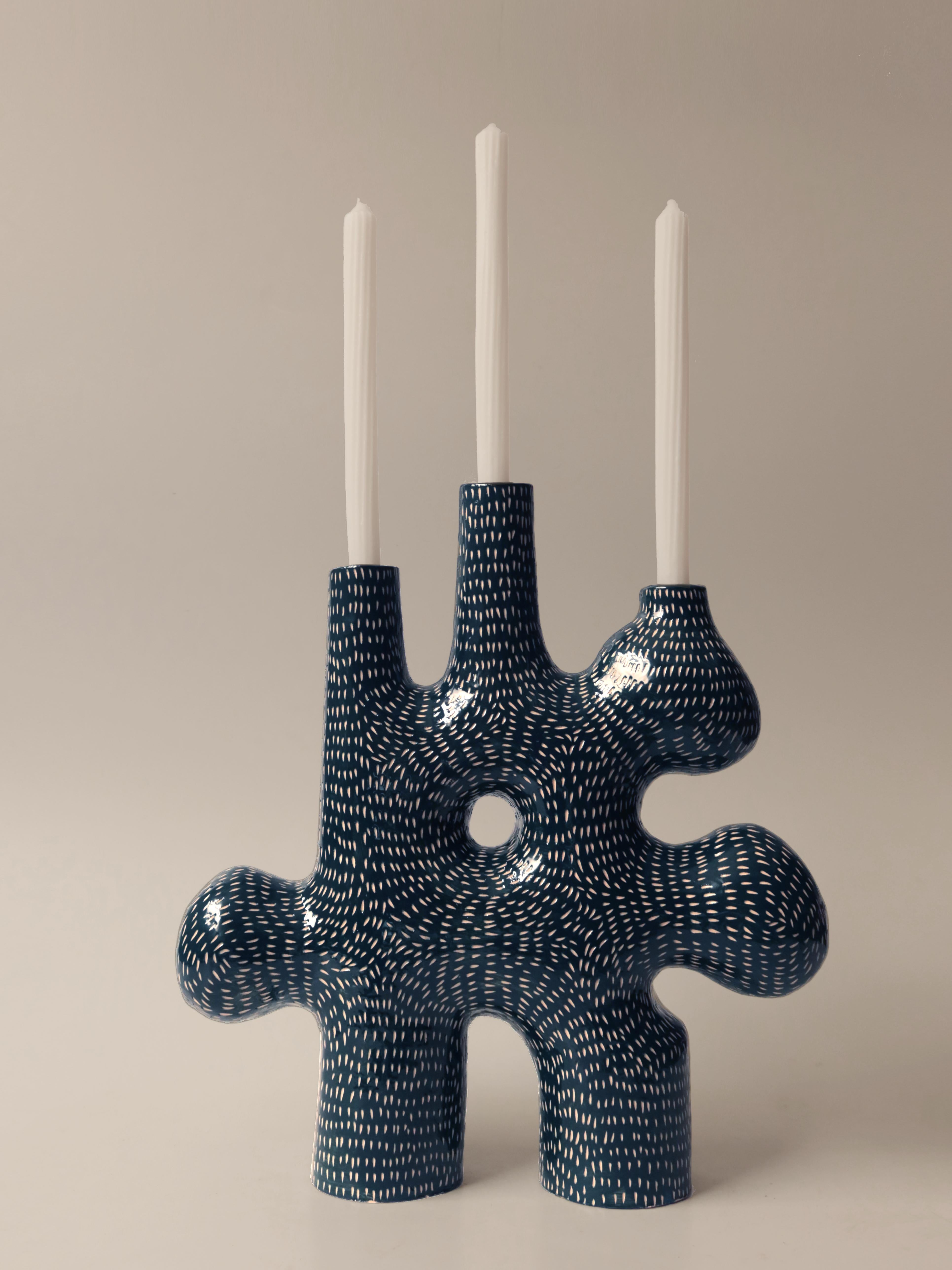 Glazed Contemporary blue forest candelabra handcrafted by Jan Ernst  For Sale