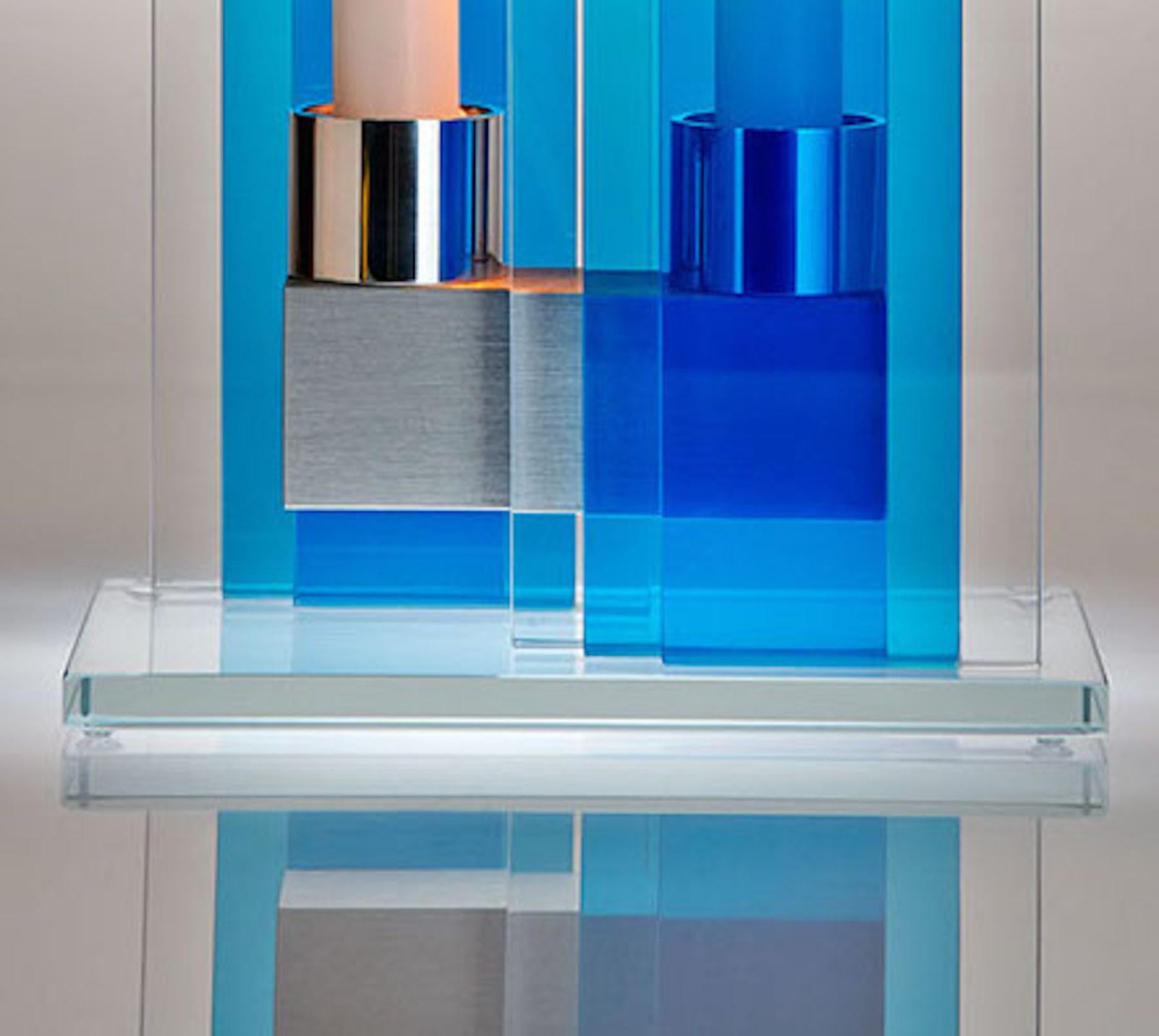 American Contemporary Blue Glass & Aluminum Candlestick For Sale