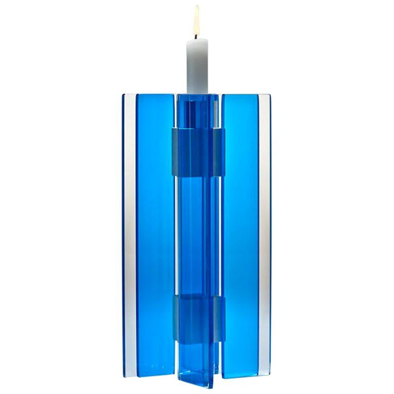 Contemporary Blue Glass and Aluminum Candlestick For Sale