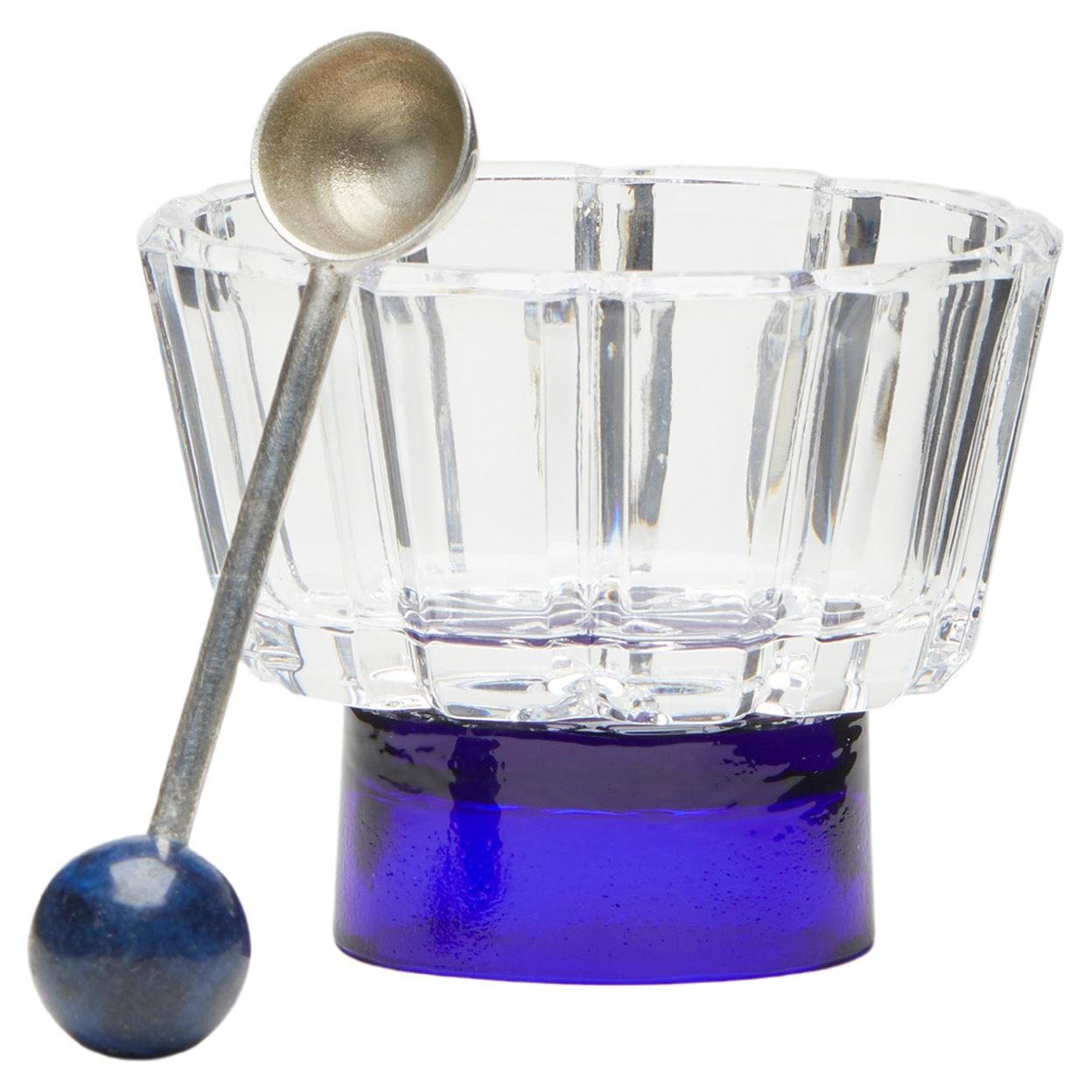 Contemporary Blue Glass Blown Salt Cellar and spoon Handcrafted, Natalia Criado For Sale
